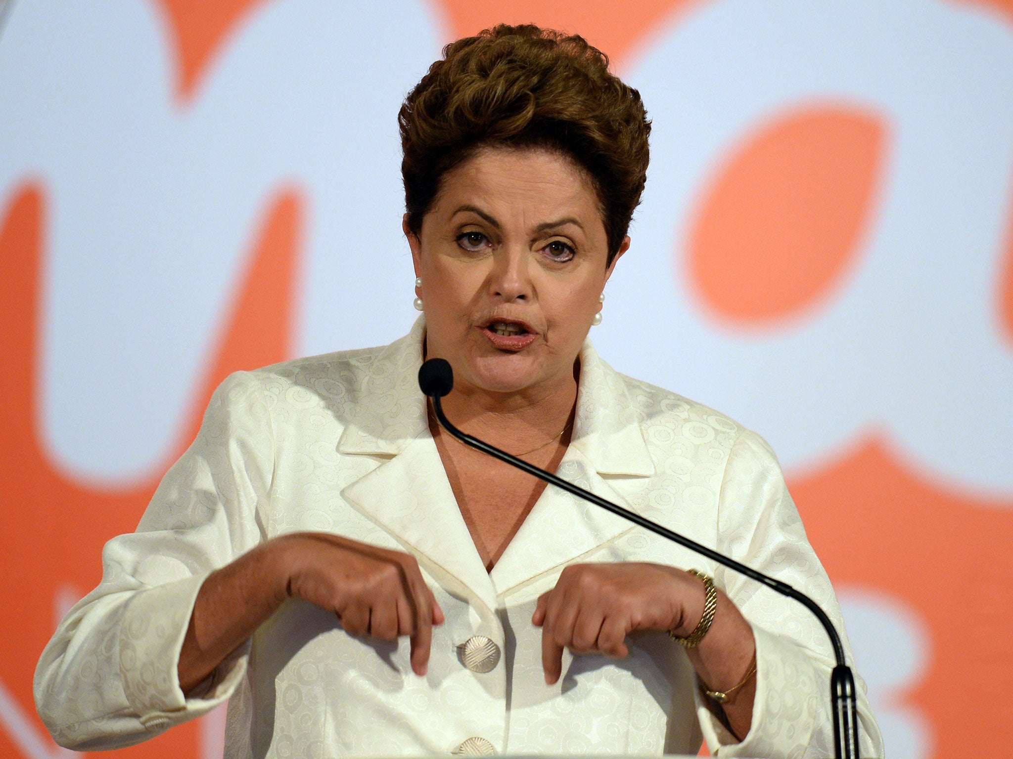 Brazilian President and presidential candidate for the Workers Party Dilma Rousseff delivers a speech in Brasilia