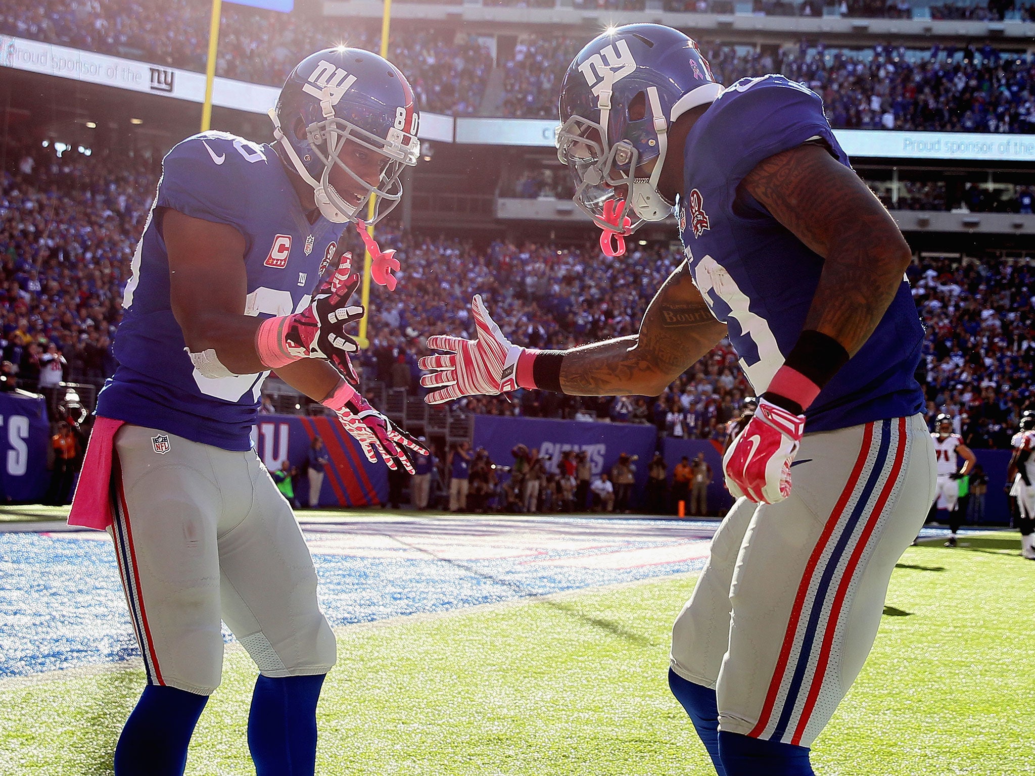 Odell Beckham Jr celebrates scoring the match-winning touchdown on his debut for the New York Giants