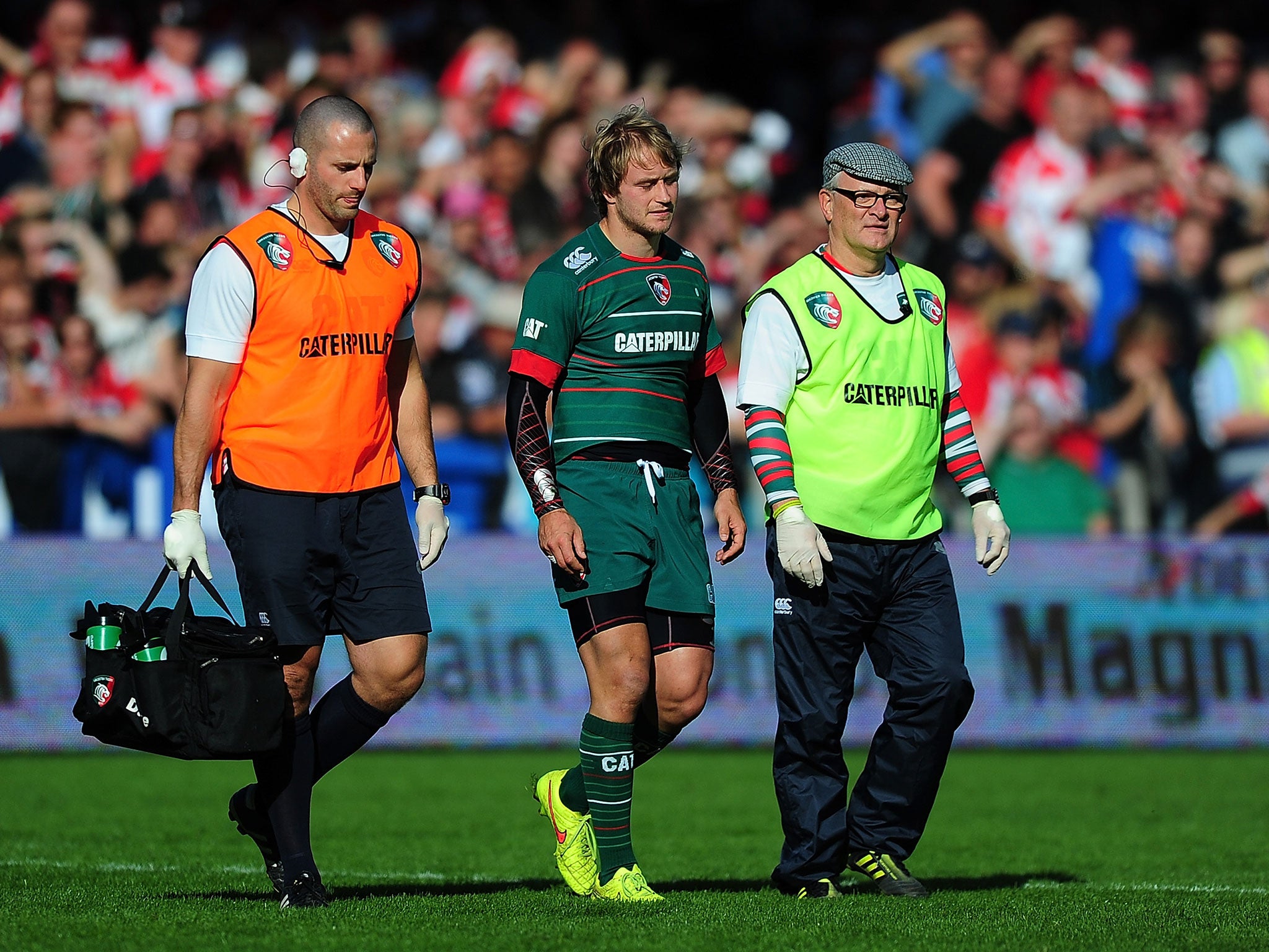 Mathew Tait is led from the field after picking up an injury in the defeat to Gloucester