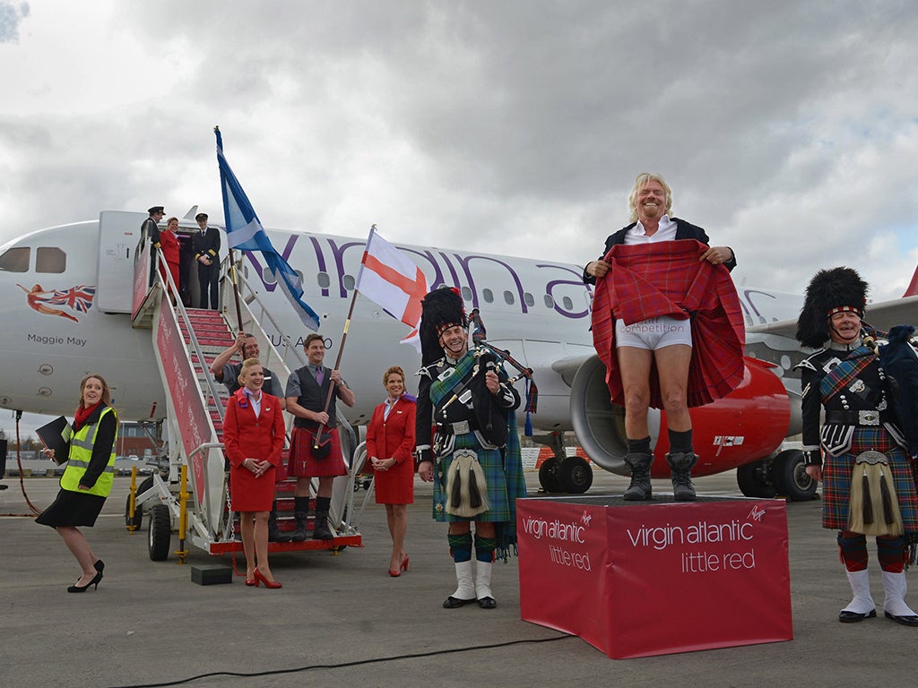 Sir Richard Branson at the launche of Little Red: even though operation is to close, flights from Heathrow to Aberdeen and Edinburgh remain on sale until next September