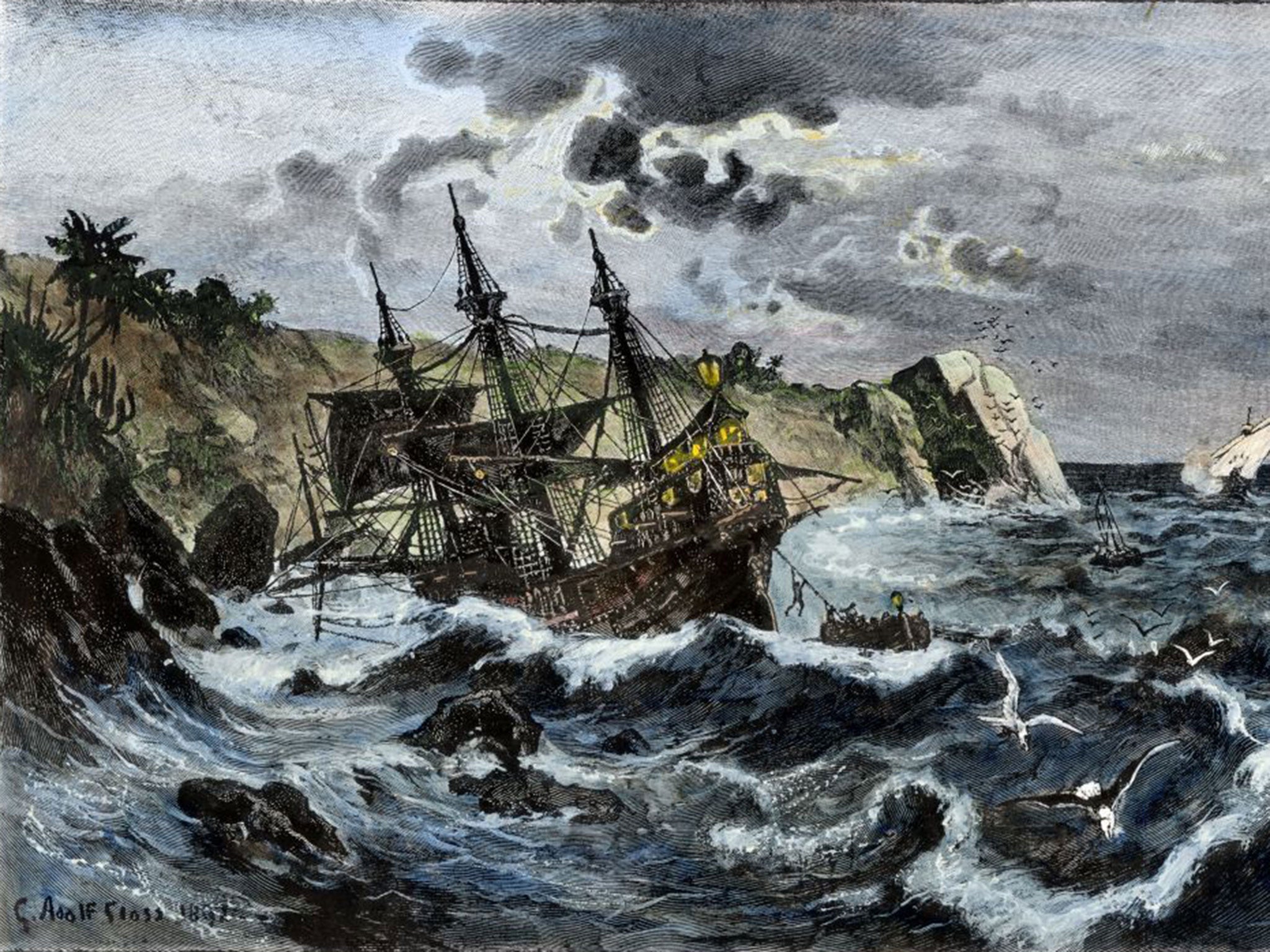 A painting of the ‘Santa Maria’ caught in a storm off the coast of Hispaniola in 1492