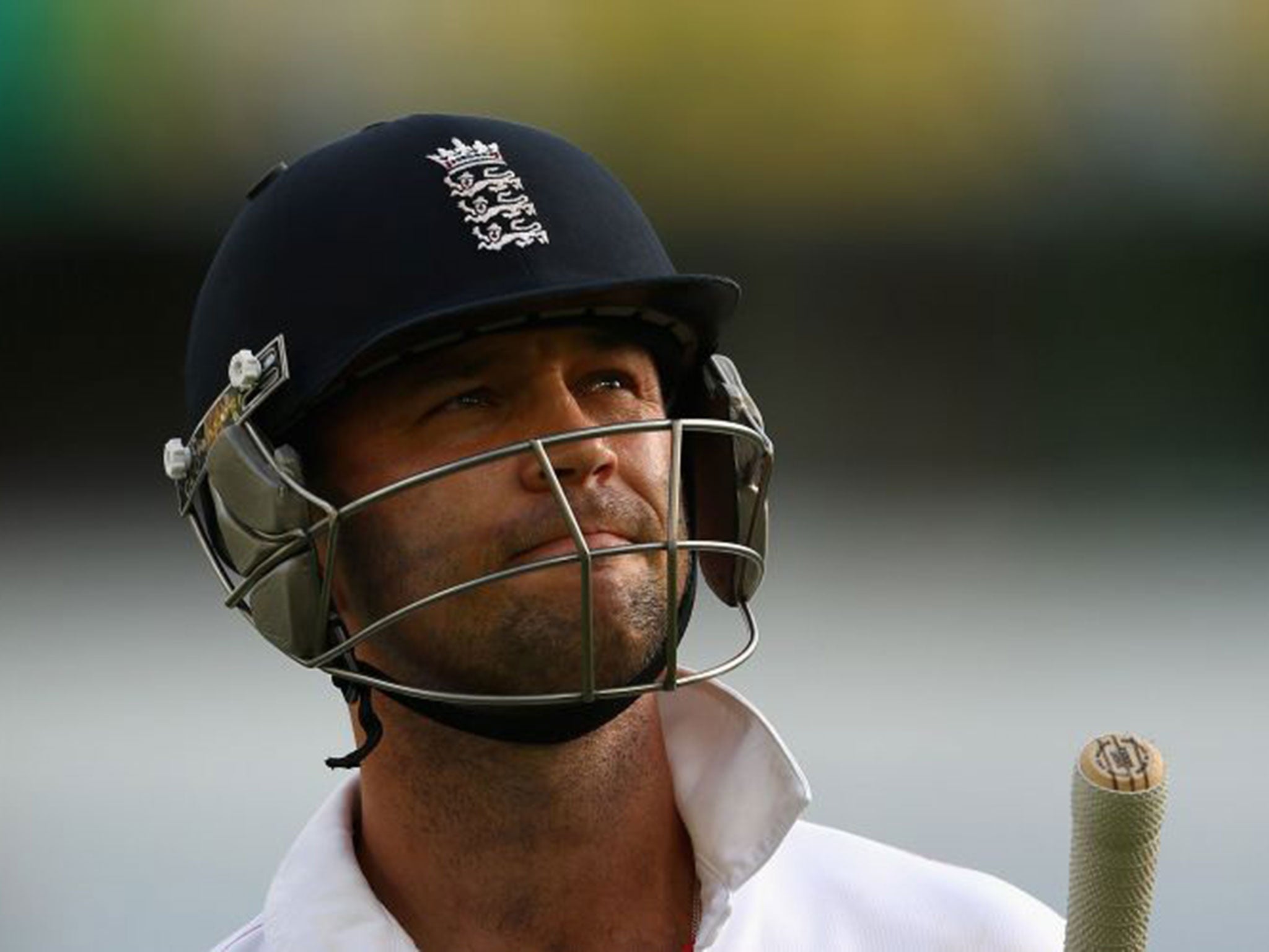 Jonathan Trott takes in his dismissal by Mitchell Johnson in the first Ashes Test last winter