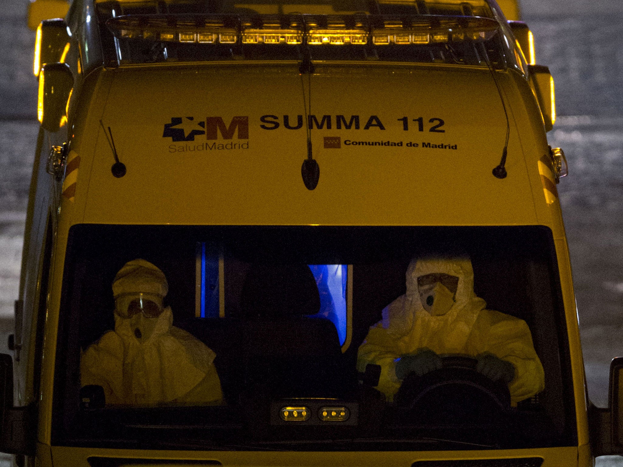 The Spanish nurse infected by Ebola is moved by ambulance to Carlos III Hospital from Alcorcon Hospital on October 8, 2014 in Alcorcon, Spain