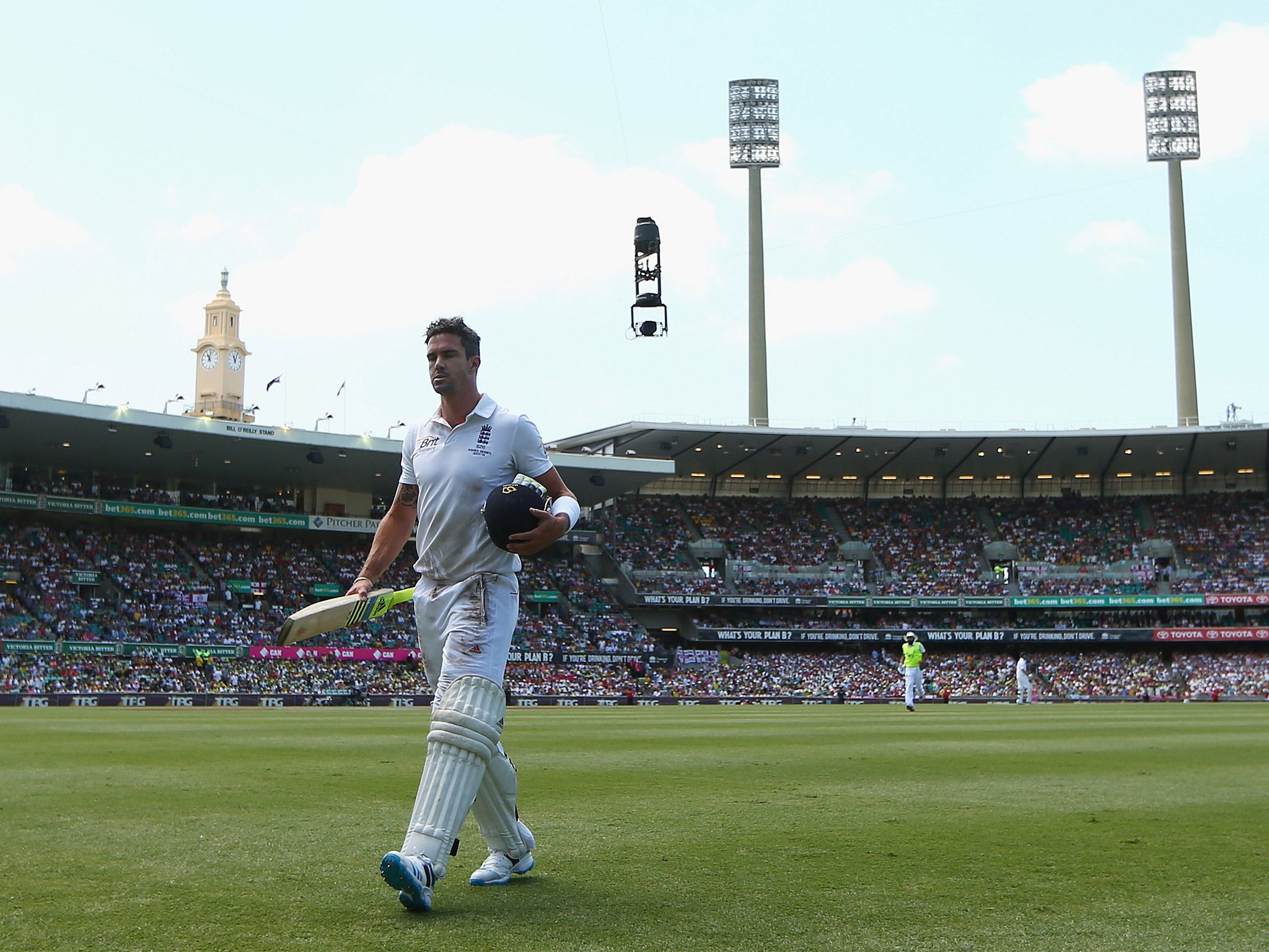 Kevin Pietersen walks off after being dismissed in the fifth Test in Sydney in January. He never played for England again (Getty)