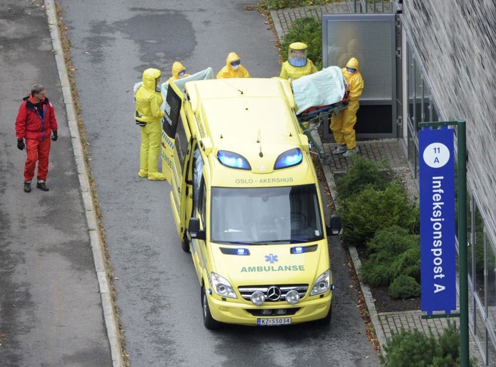 The first Norwegian Ebola patient arrives at Oslo University Hospital Ullval, Oslo, on 7 October