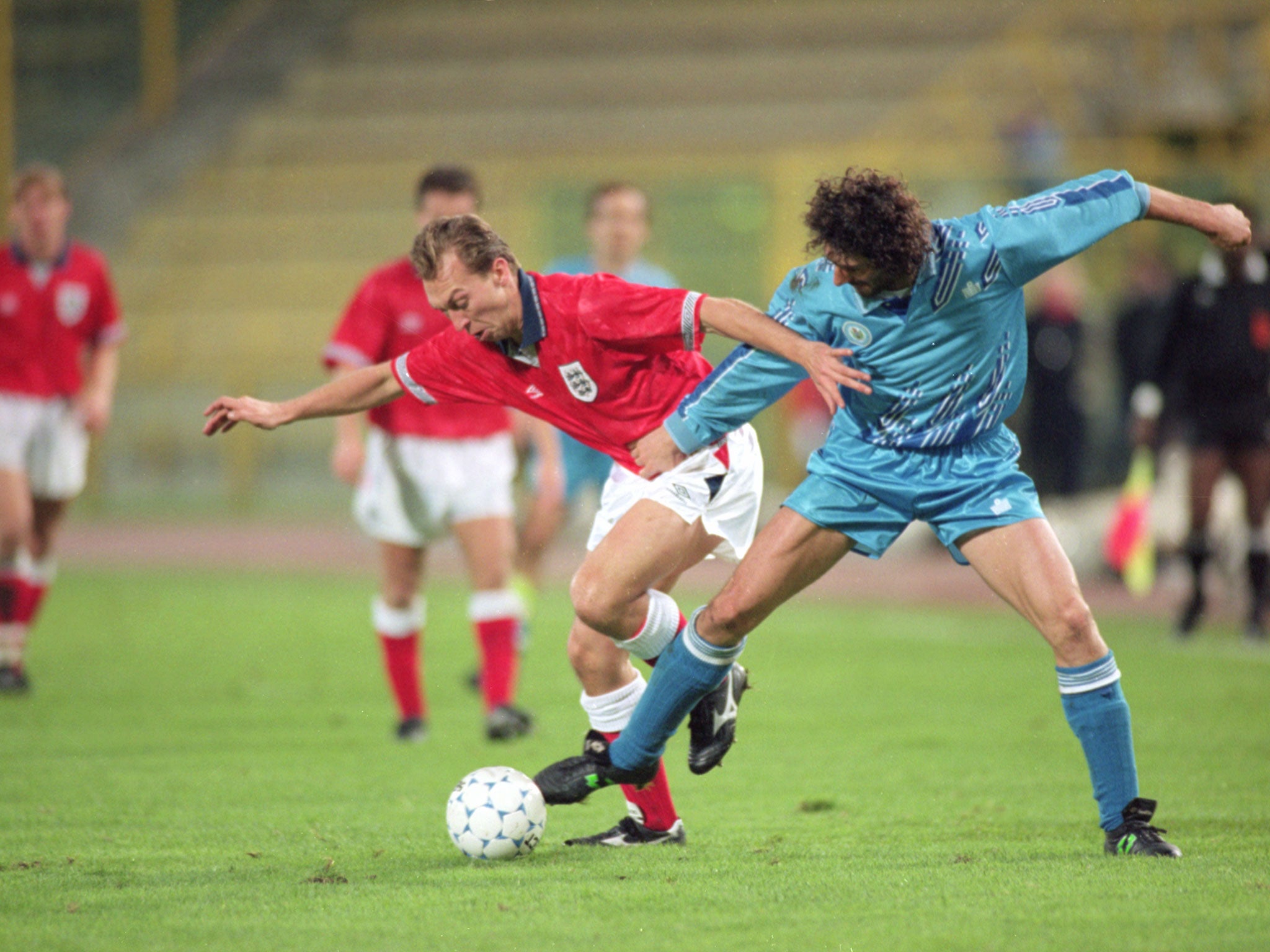 David Platt (left) scored twice in England's 7-1 win over San Marino back in November 1993