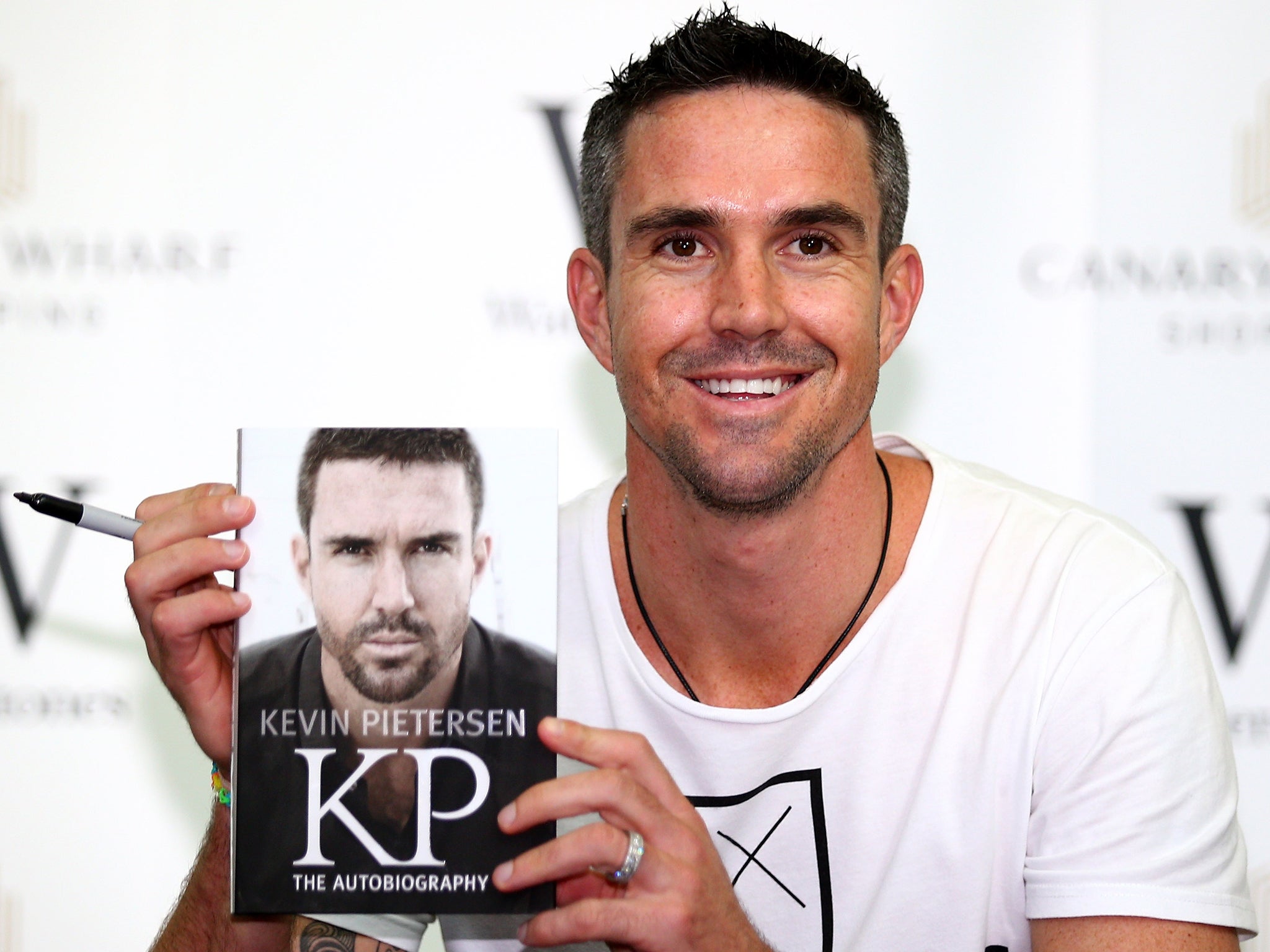 Kevin Pietersen poses during his book signing at Waterstones Canary Wharf Jubilee in London