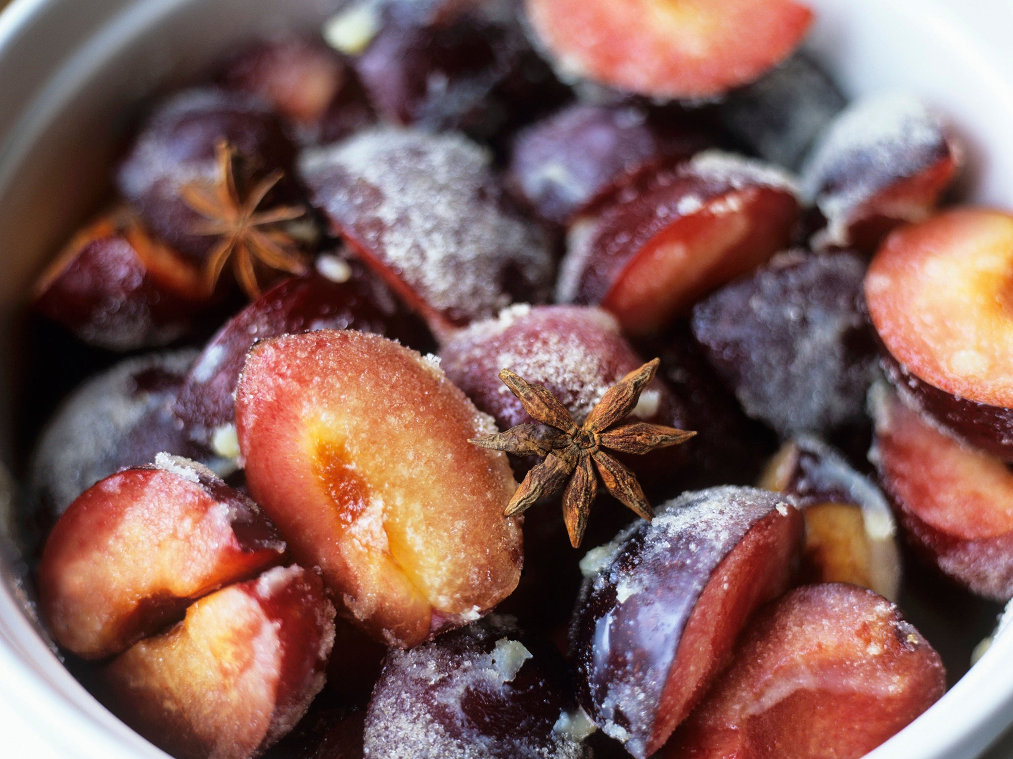 Purple reign: sugared damsons with star anise