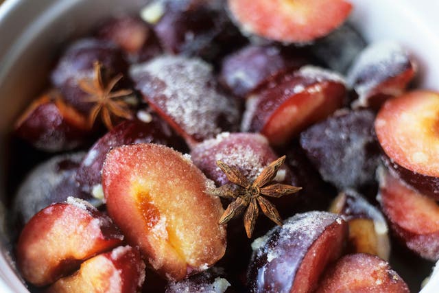 Purple reign: sugared damsons with star anise