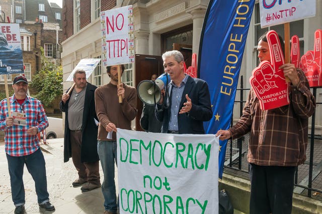 Activists from War on Want protest against TTIP deals at a rally in London last month