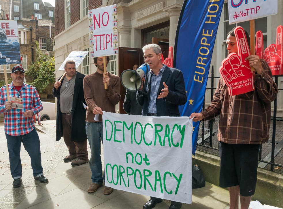 Activists from War on Want protest against TTIP deals at a rally in London last month