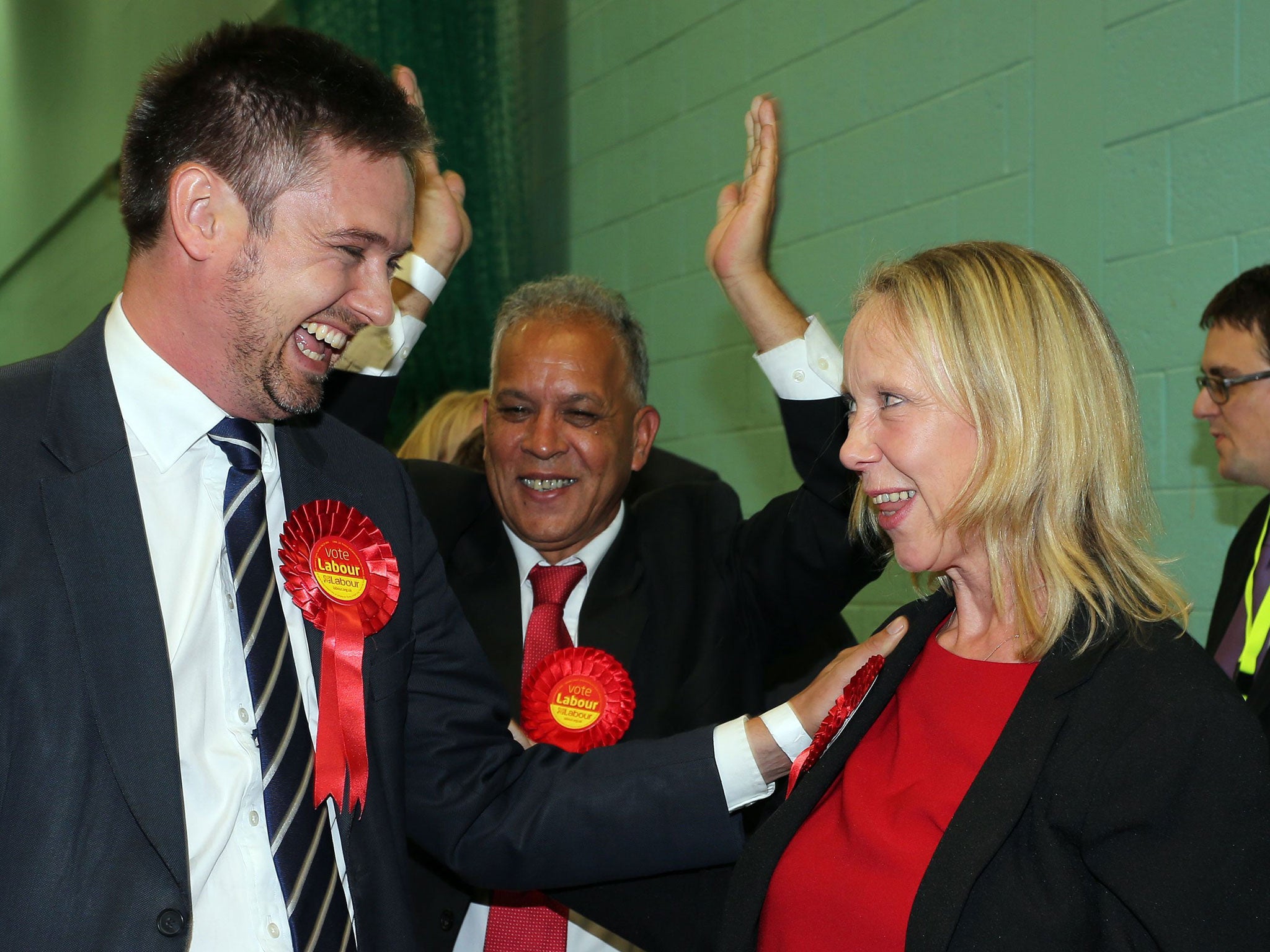 Labour's Liz Mcinnes celebrates her narrow victory in the Heywood and Middleton by-election