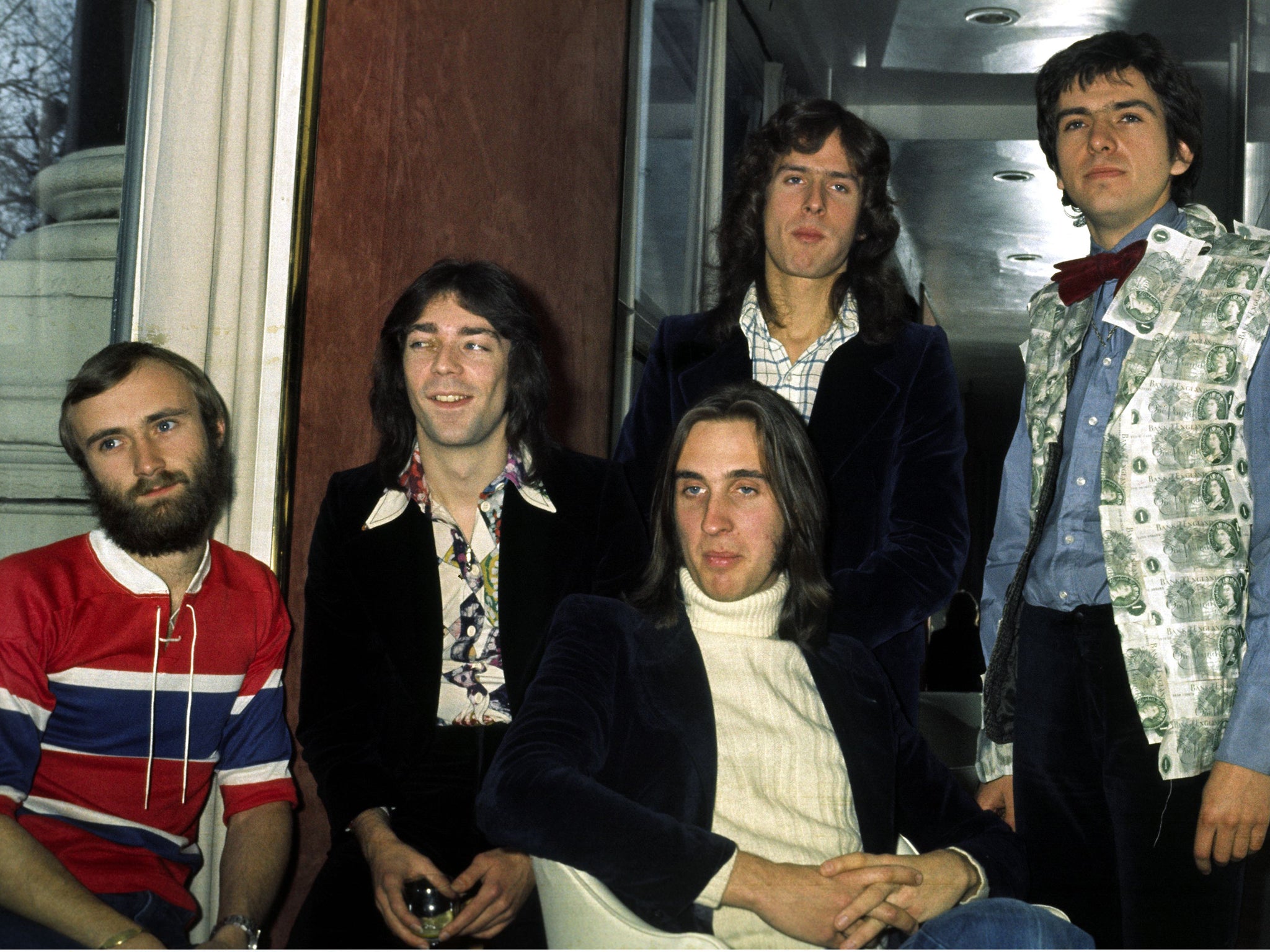 Genesis, Phil Collins, Steve Hackett, Mike Rutherford, Tony Banks and Peter Gabriel in 1975