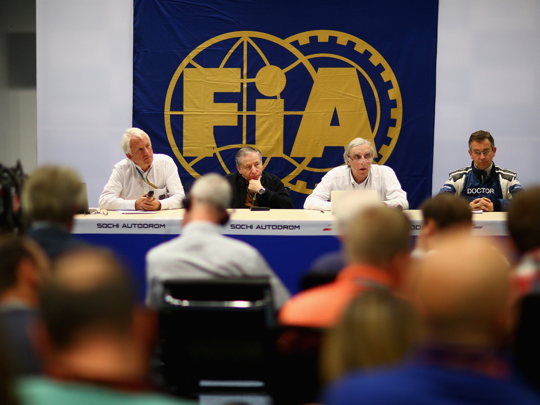 FIA Race Director Charlie Whiting, FIA President Jean Todt, Chief Medical Officer Jean-Charles Piette and Medical Rescue Co-ordinator Ian Roberts attend a FIA press conference following the Jules Bianchi crash