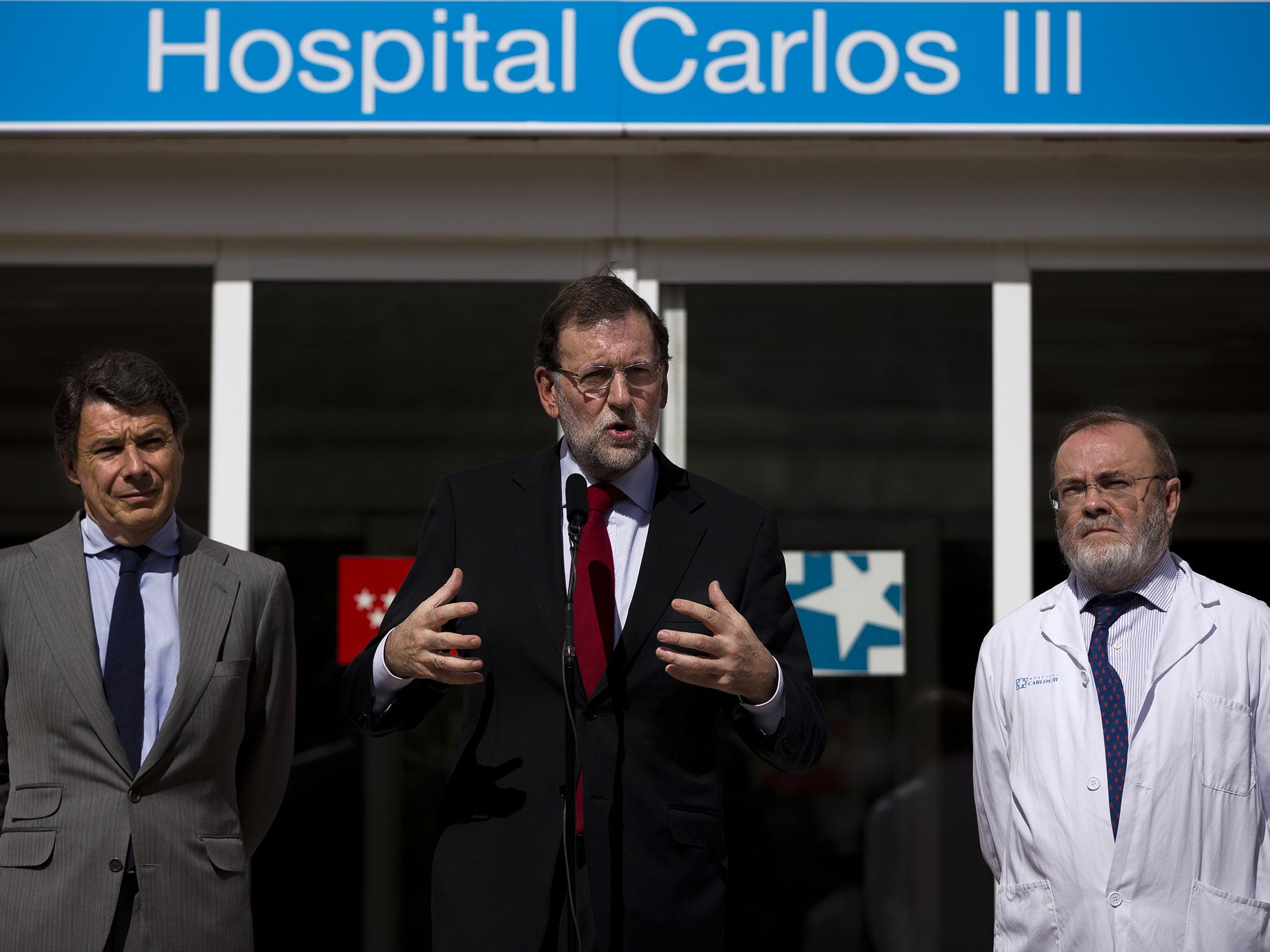 Spain's Prime Minister Mariano Rajoy speaks during his visit to the Carlos III hospital in Madrid, Spain