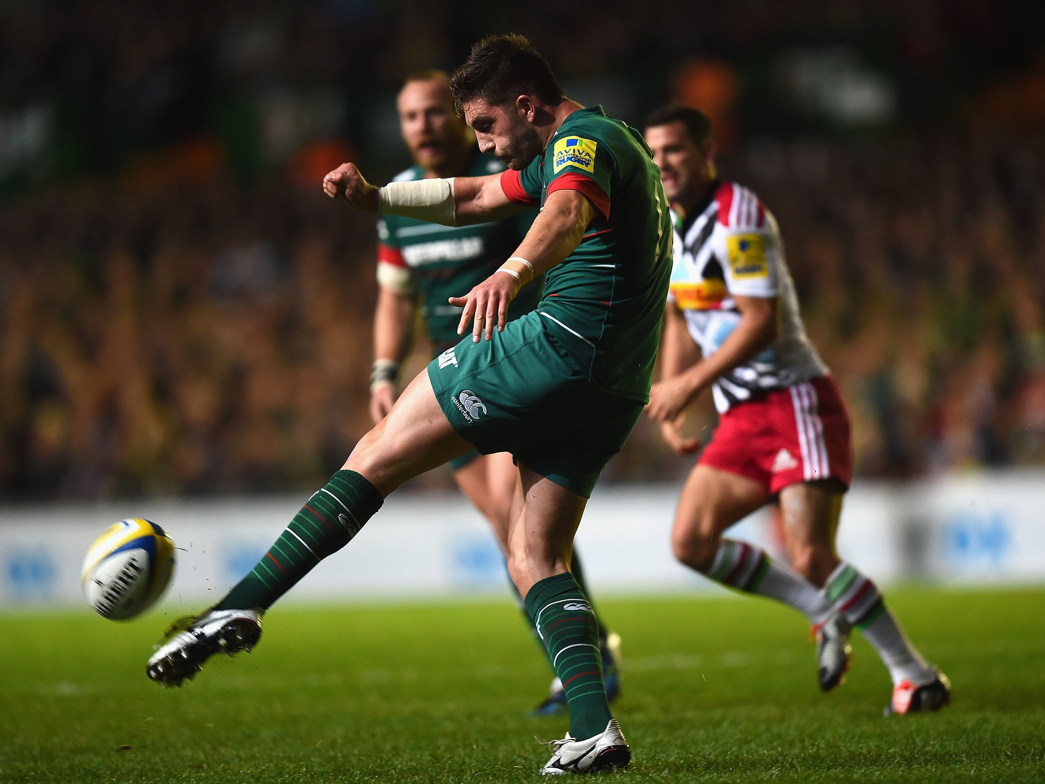 Owen Williams of Leicester Tigers in action during the Aviva Premiership match between Leicester Tigers and Harlequins at Welford Road