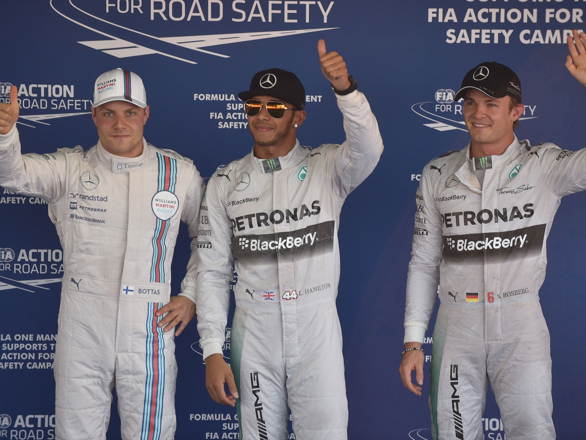 Lewis Hamilton (centre) has labelled Valtteri Bottas (left) as his best teammate