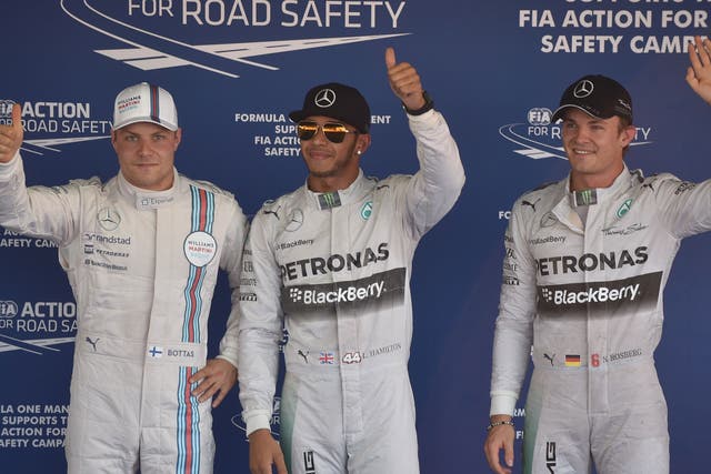 The top three from the Russian Grand Prix qualifying (l-r): Valterri Bottas, Lewis Hamilton and Nico Rosberg