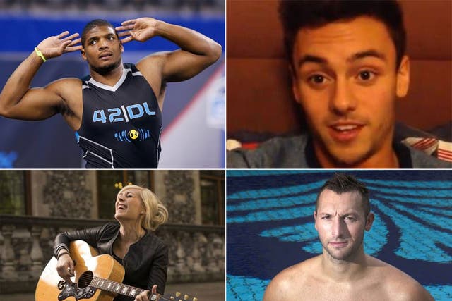 Clockwise from top left: Michael Sam, Tom Daley, Ian Thorpe and Vicky Beeching