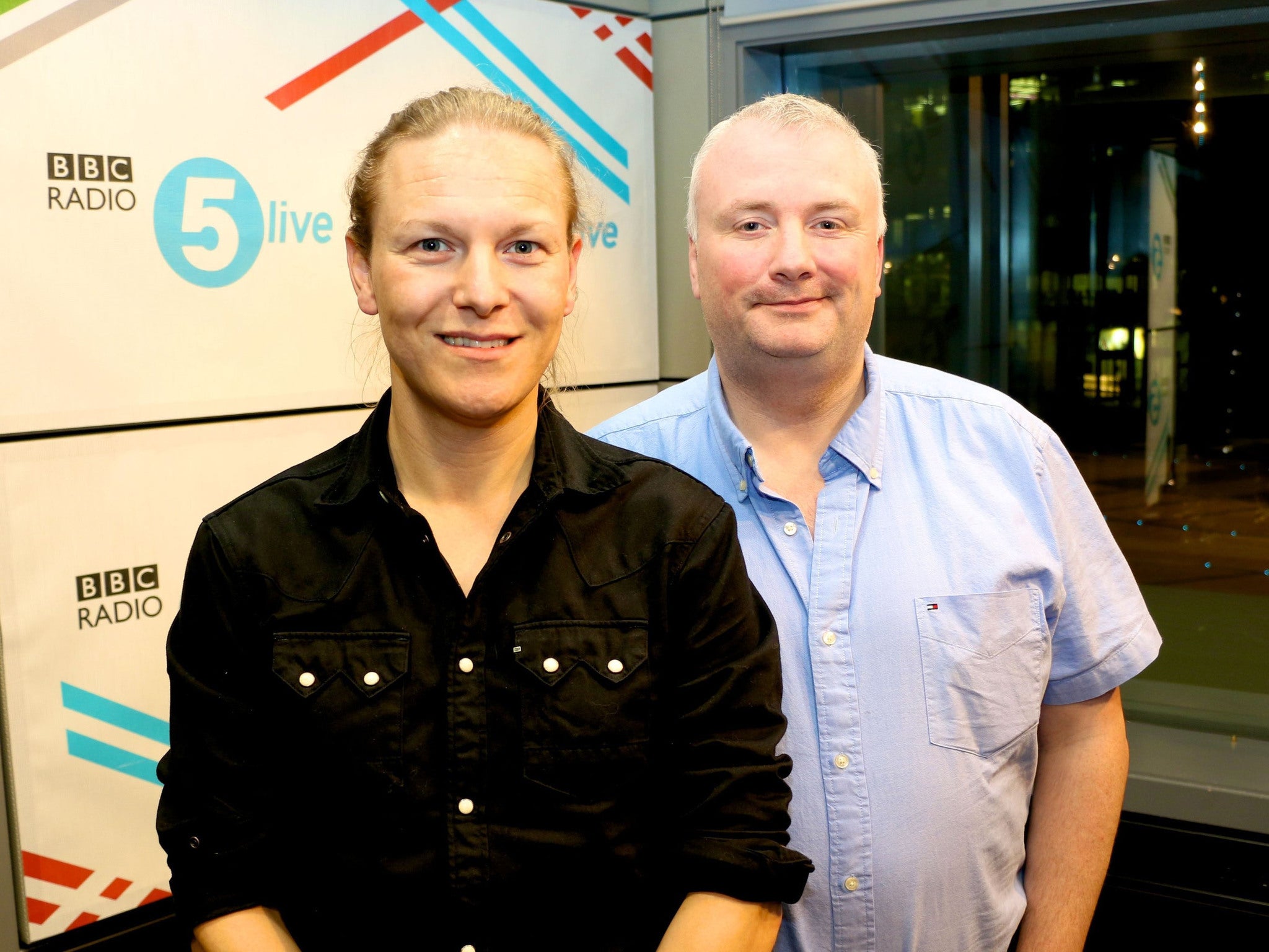 Simon Hirst has changed her name to Stephanie and will live as a woman. Pictured here on the left next to BBC Radio 5 Live presenter Stephen Nolan