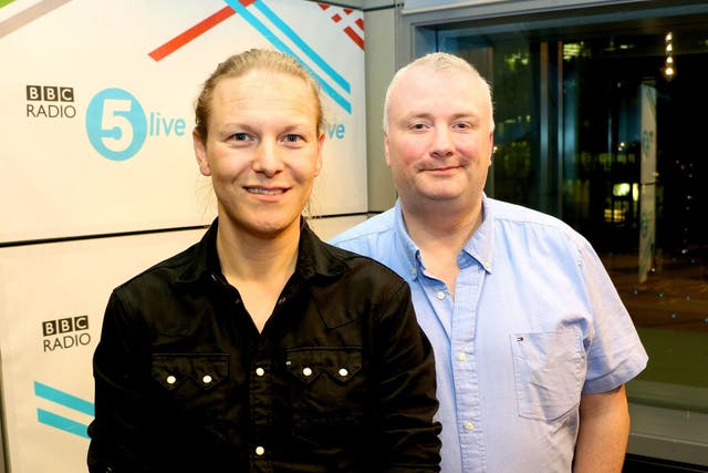 Simon Hirst has changed her name to Stephanie and will live as a woman. Pictured here on the left next to BBC Radio 5 Live presenter Stephen Nolan 