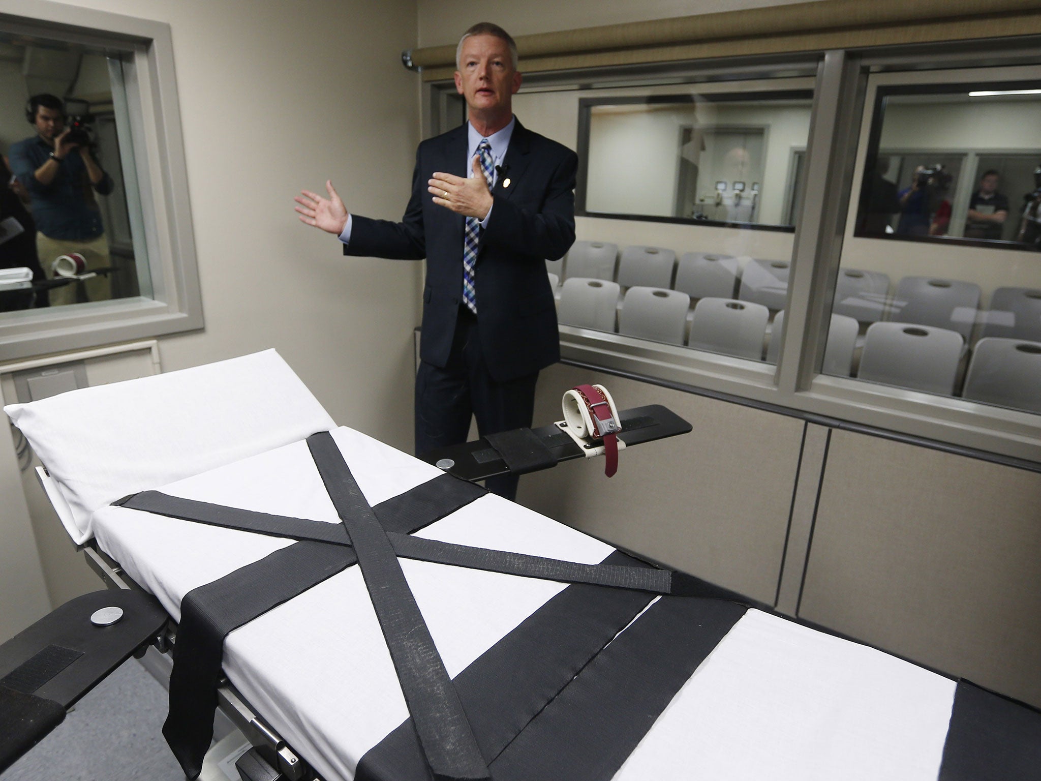 Department of Corrections official Scott Crow talks inside the renovated death chamber at the Oklahoma State Penitentiary