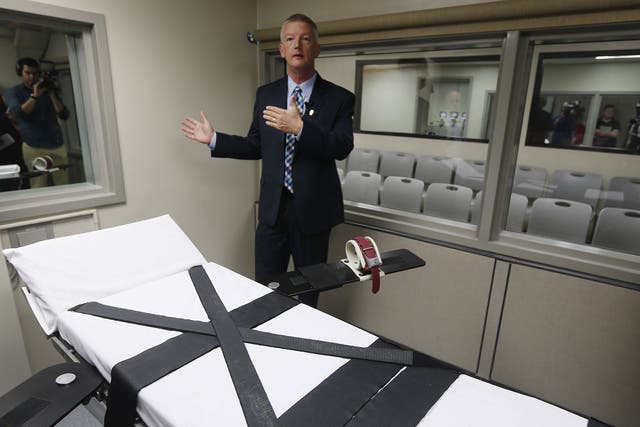 Department of Corrections official Scott Crow talks inside the renovated death chamber at the Oklahoma State Penitentiary