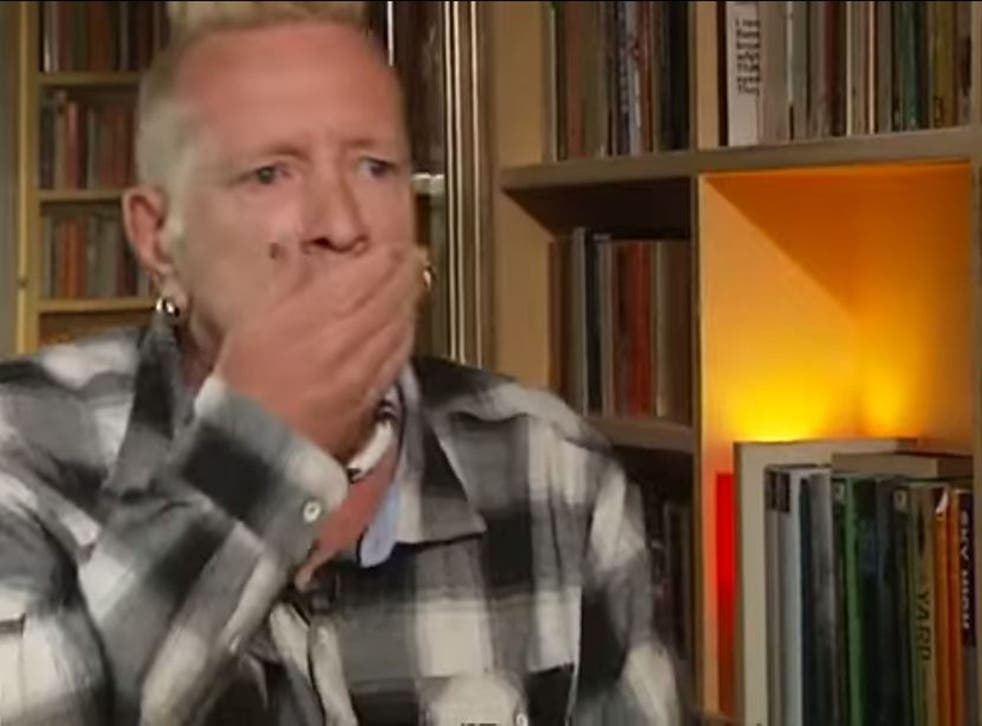 The former Sex Pistols frontman John Lydon becomes emotional during an interview with Channel 4 News anchor Jon Snow
