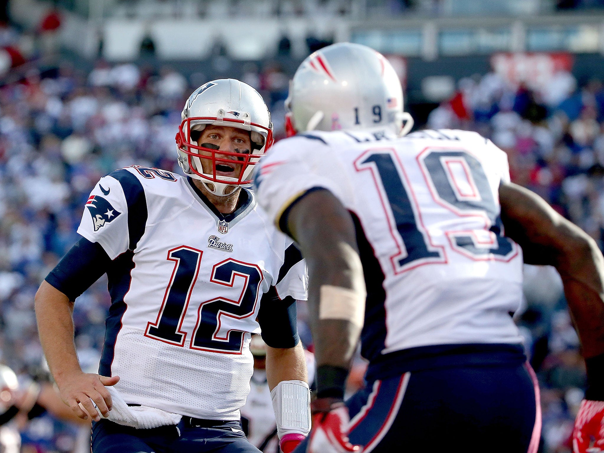 Brady celebrates with LaFell after finding his wide receiver for a touchdown