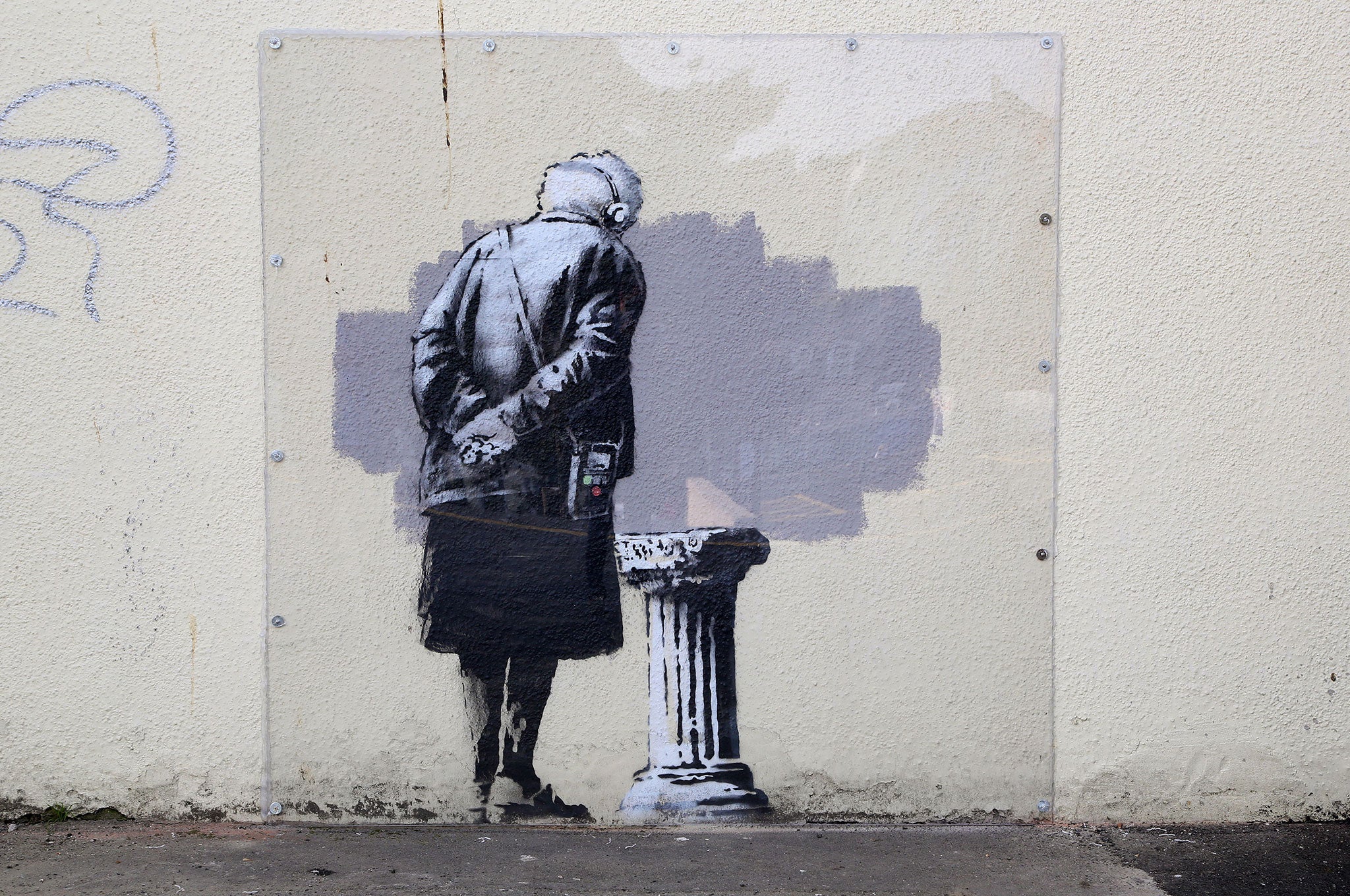 The Banksy image in Folkestone before it was vandalised