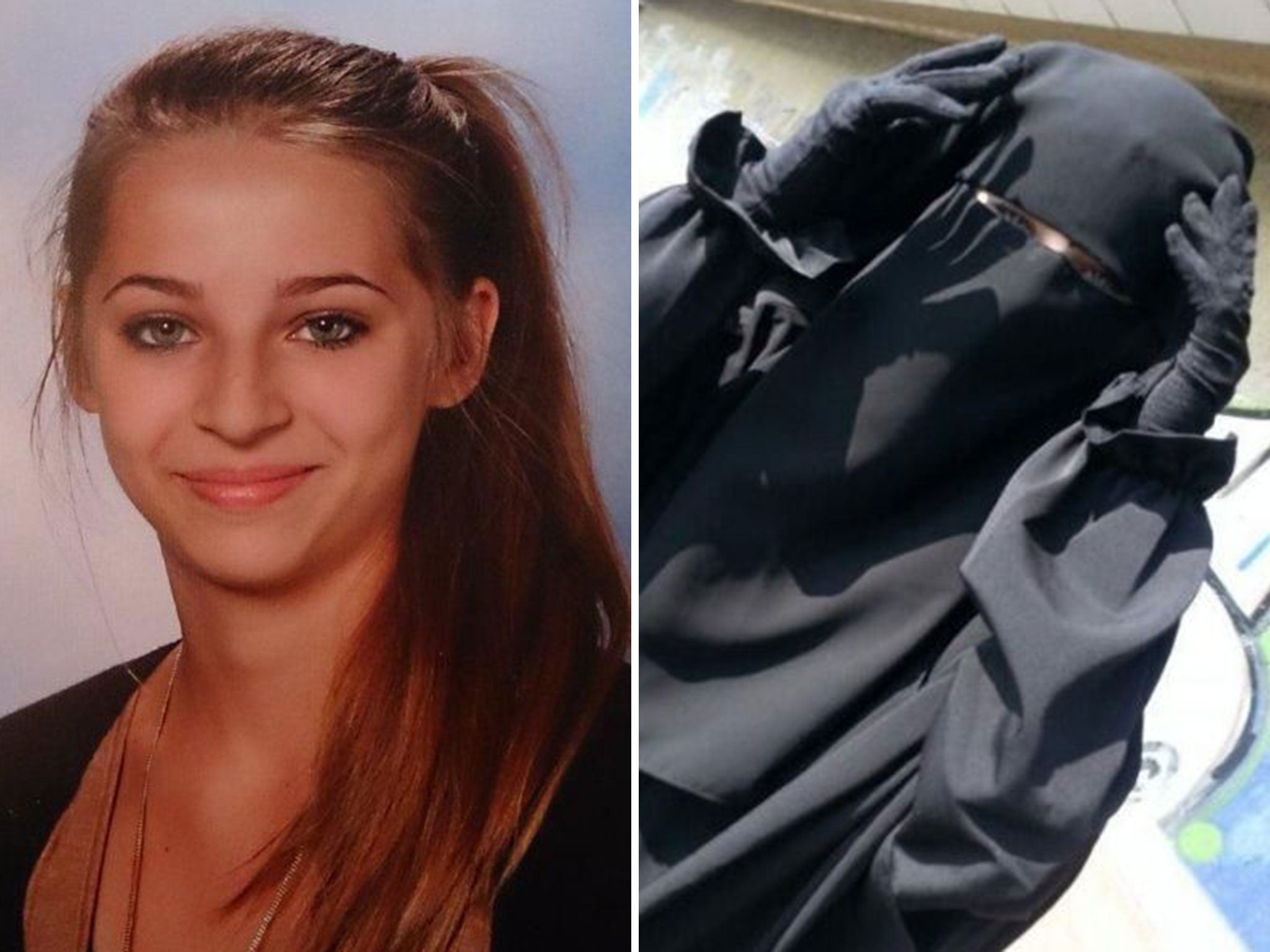 Samra Kesinovic, 17, pictured before her departure for Syria, and after, in a burka