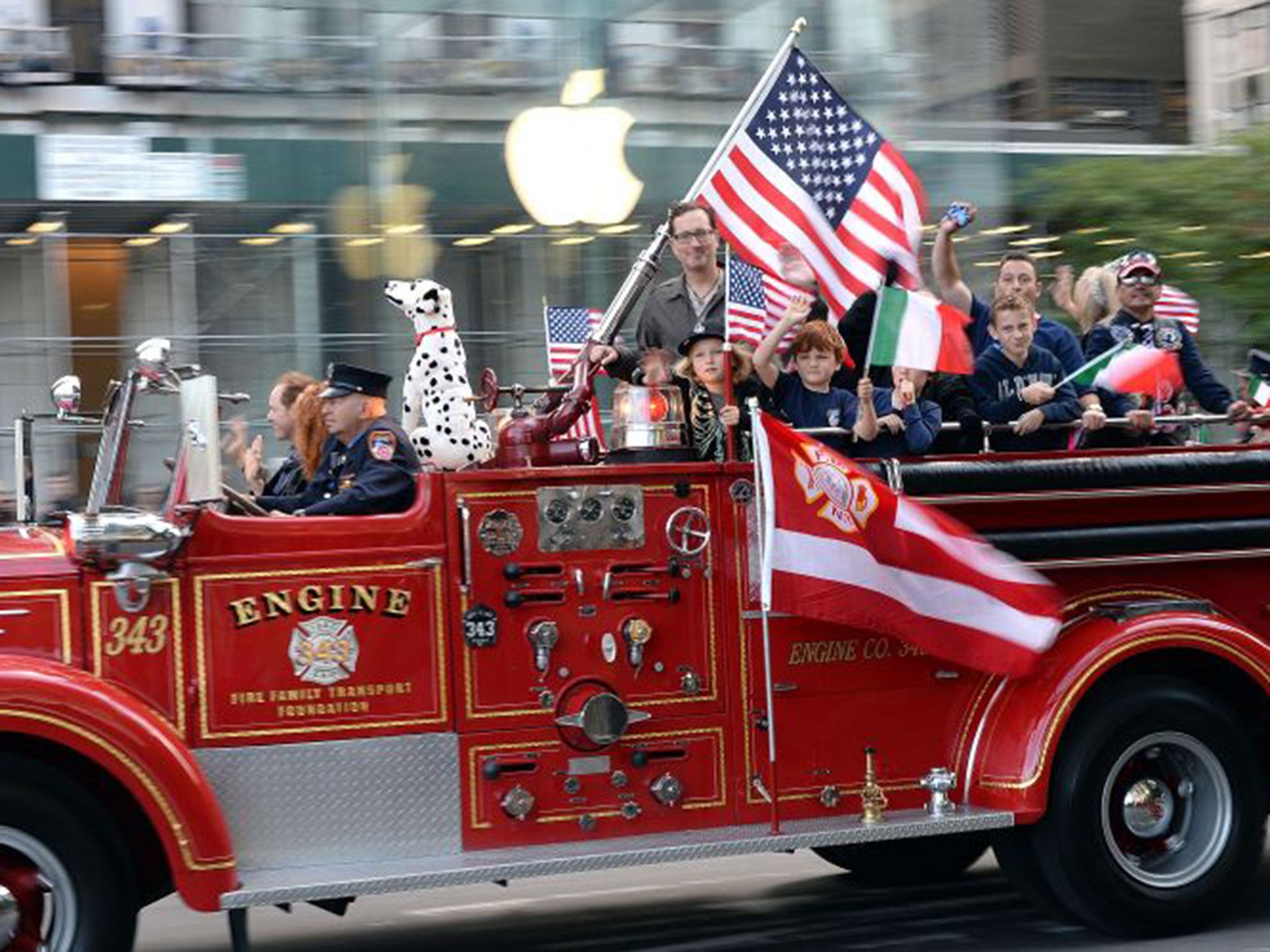 The annual Columbus Day Parade proceeds down New York City's Fifth Avenue