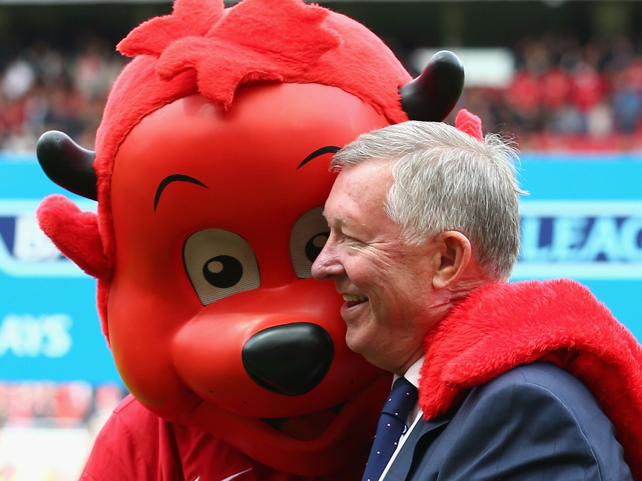 Sir Alex Ferguson with Fred the Red during the Premier League match against Everton at Old Trafford earlier this month