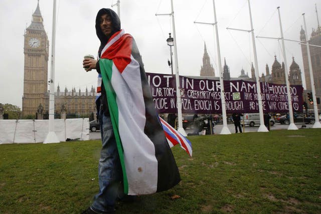 A pro-Palestine demonstration outside Westminster on Monday. Although MPs from all parties ended up in support of the motion to recognise Palestine, Labour was forced to whip its MPs to vote in favour of the resolution