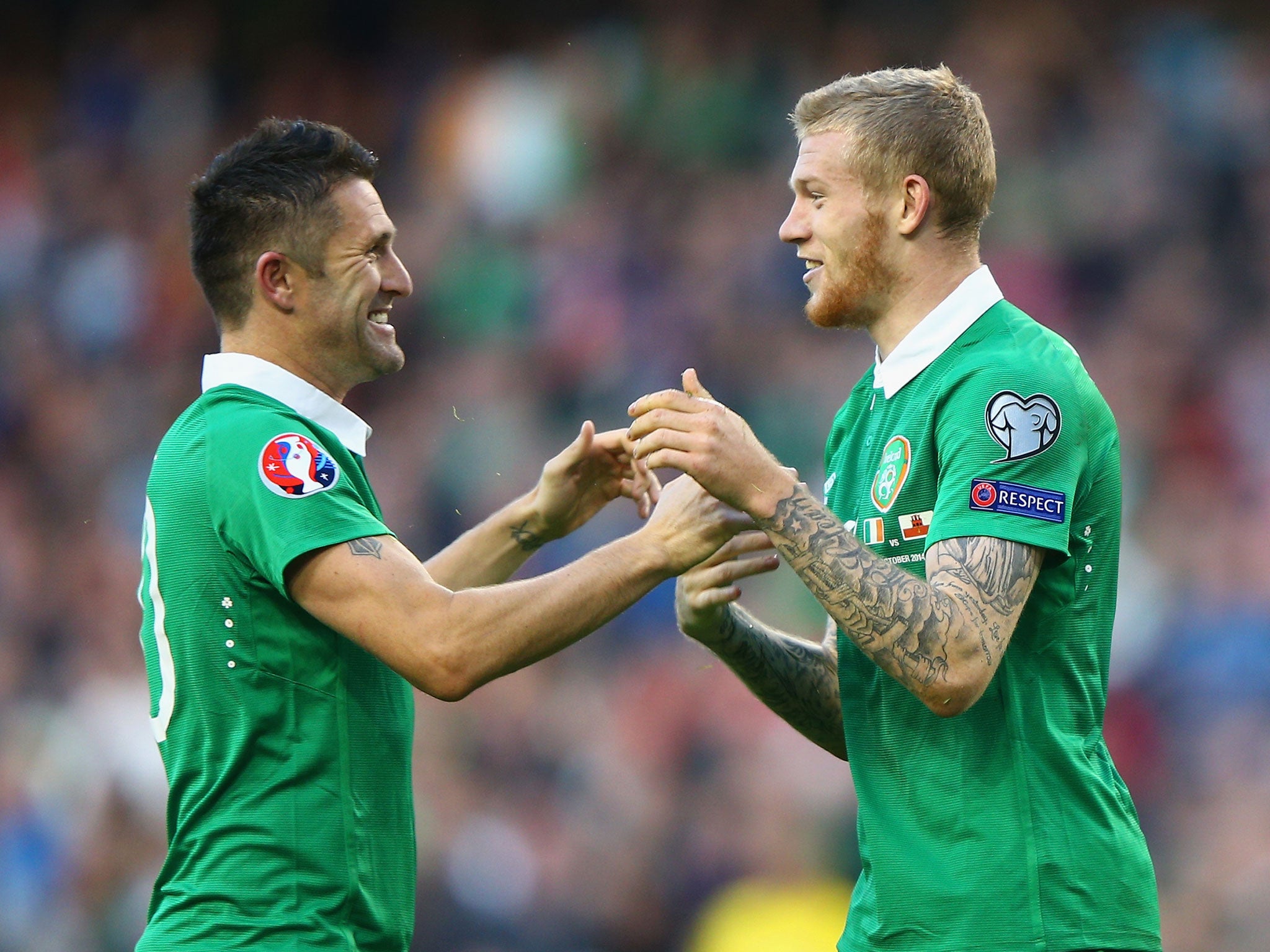 Robbie Keane and James McClean celebrate during the 7-0 win over Gibraltar