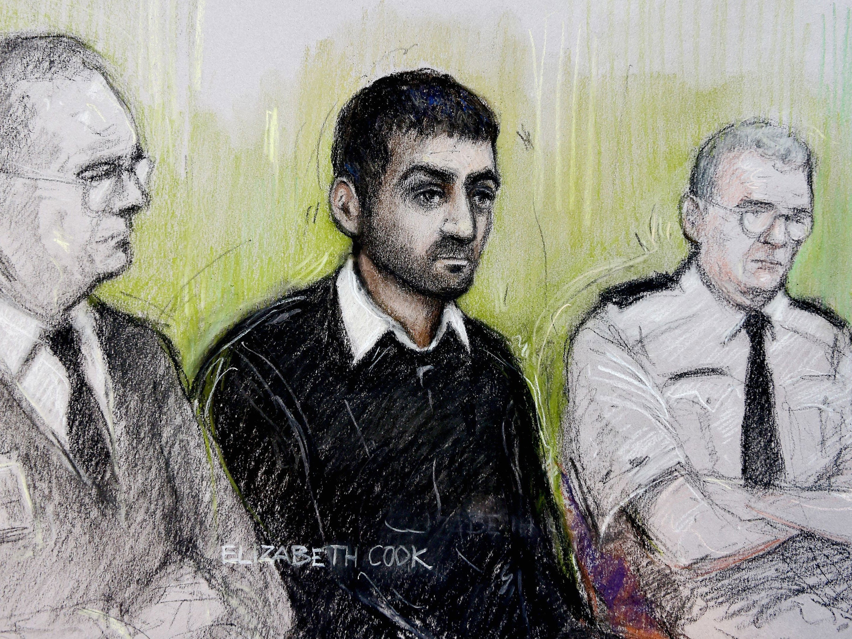 Court artist sketch by Elizabeth Cook of Erol Incedal (centre), appearing at the Old Bailey accused of preparing acts of terrorism and possessing a document entitled Bomb Making