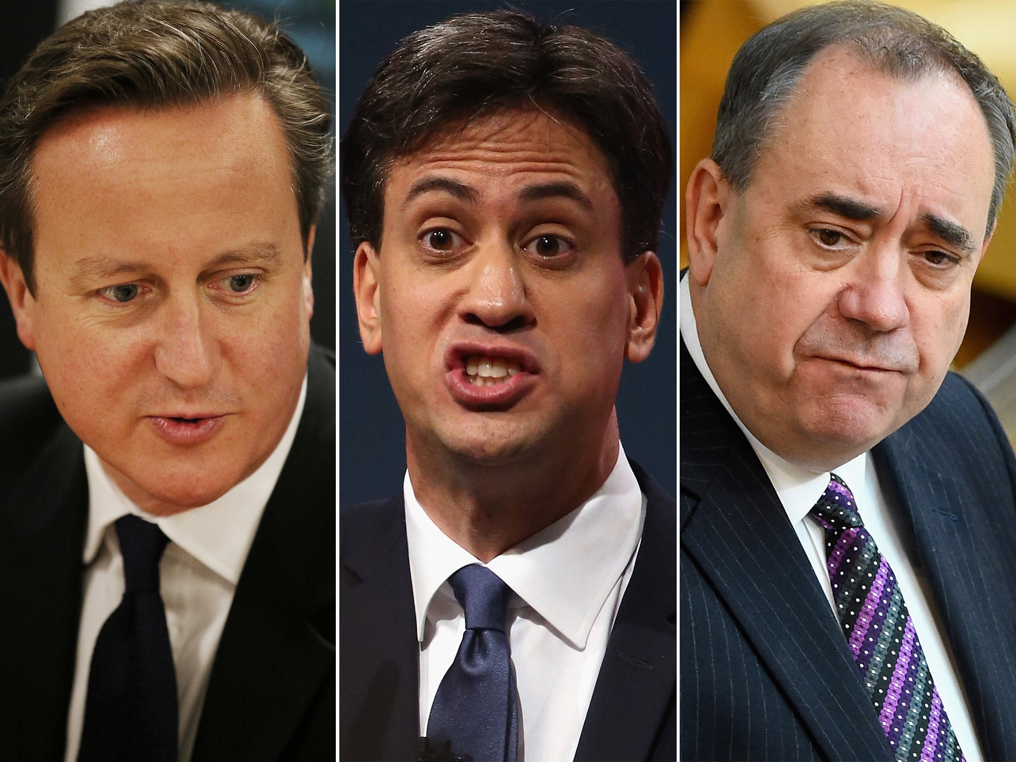 Prime Minister David Cameron; Labour leader Ed Miliband; Scottish First Minster Alex Salmond