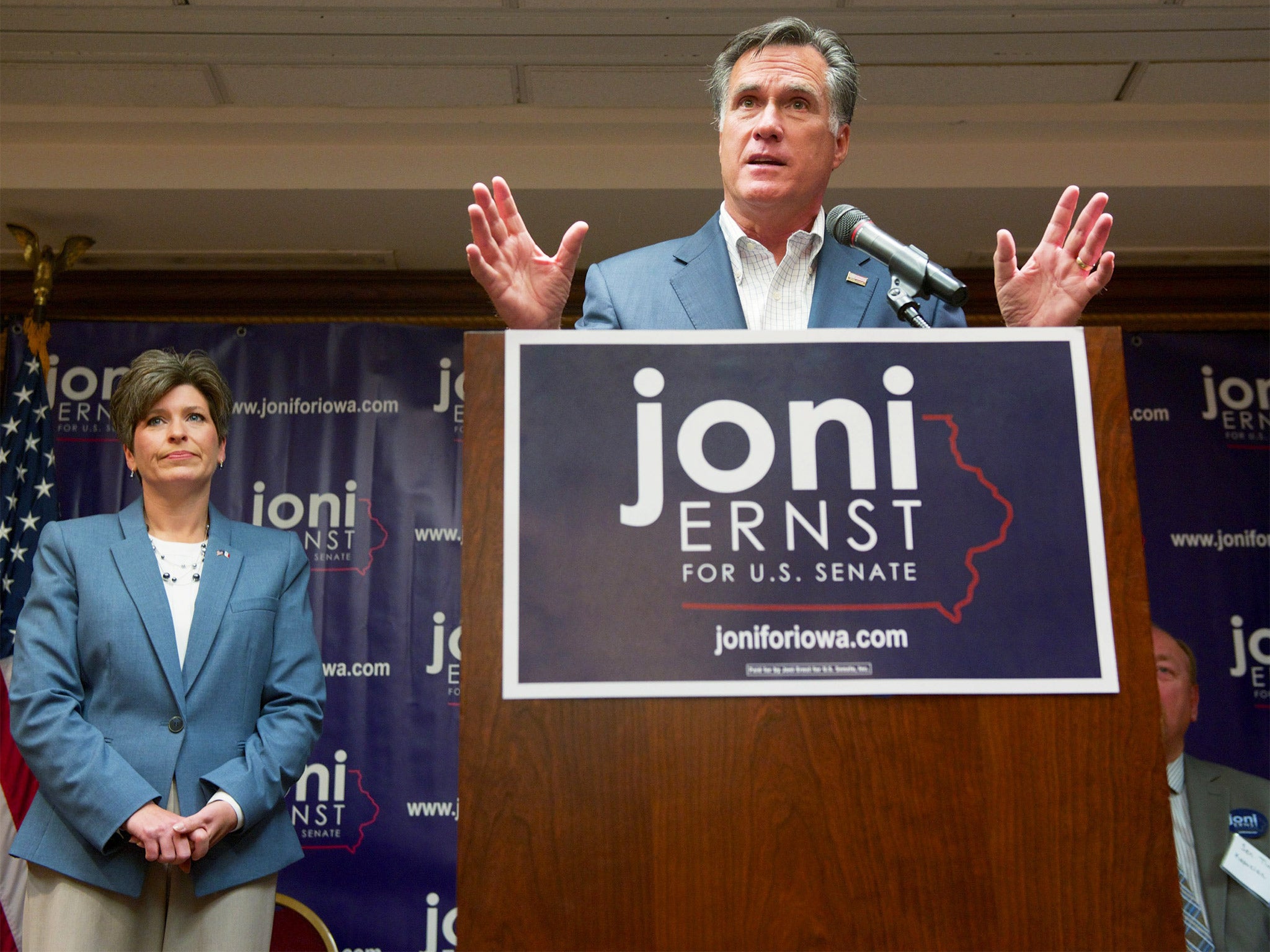 Mitt Romney has been busy with the Republican campaign for midterm elections, including at a rally in Iowa for Senate candidate Joni Ernst on Monday