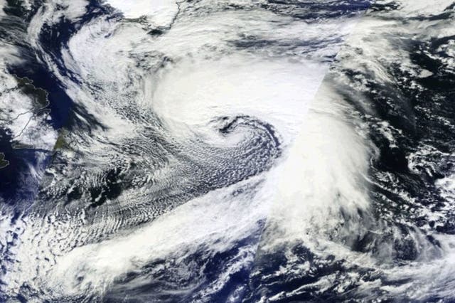 A huge storm system is seen developing across the Atlantic