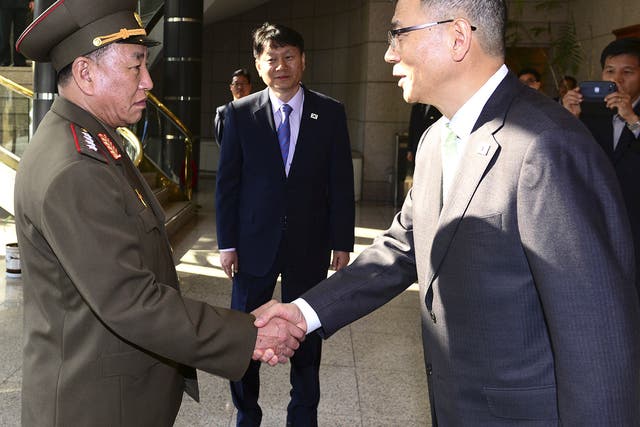 North Korean delegation chief Kim Yong Chol meets his South Korean counterpart, Ryu Je-seung 