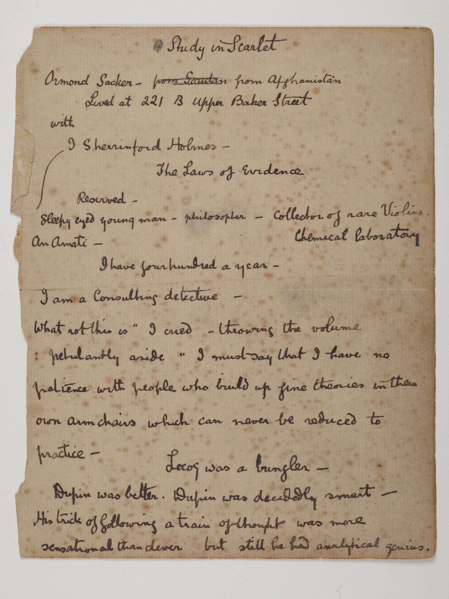 A Study in Scarlet manuscript notes by author Arthur Conan Doyle from 1886 