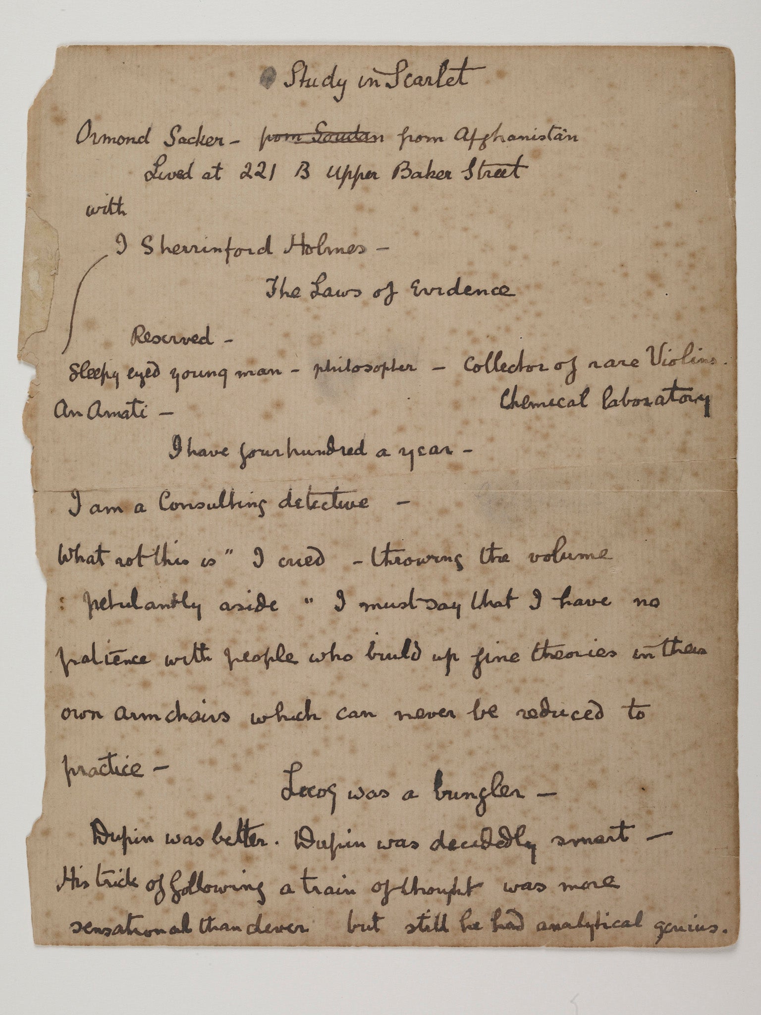 A Study in Scarlet manuscript notes by author Arthur Conan Doyle from 1886