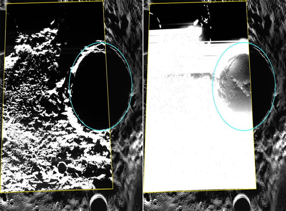 It might look like abstract art, but these images show ice on the floor of the Prokofiev crater (circled left and right).