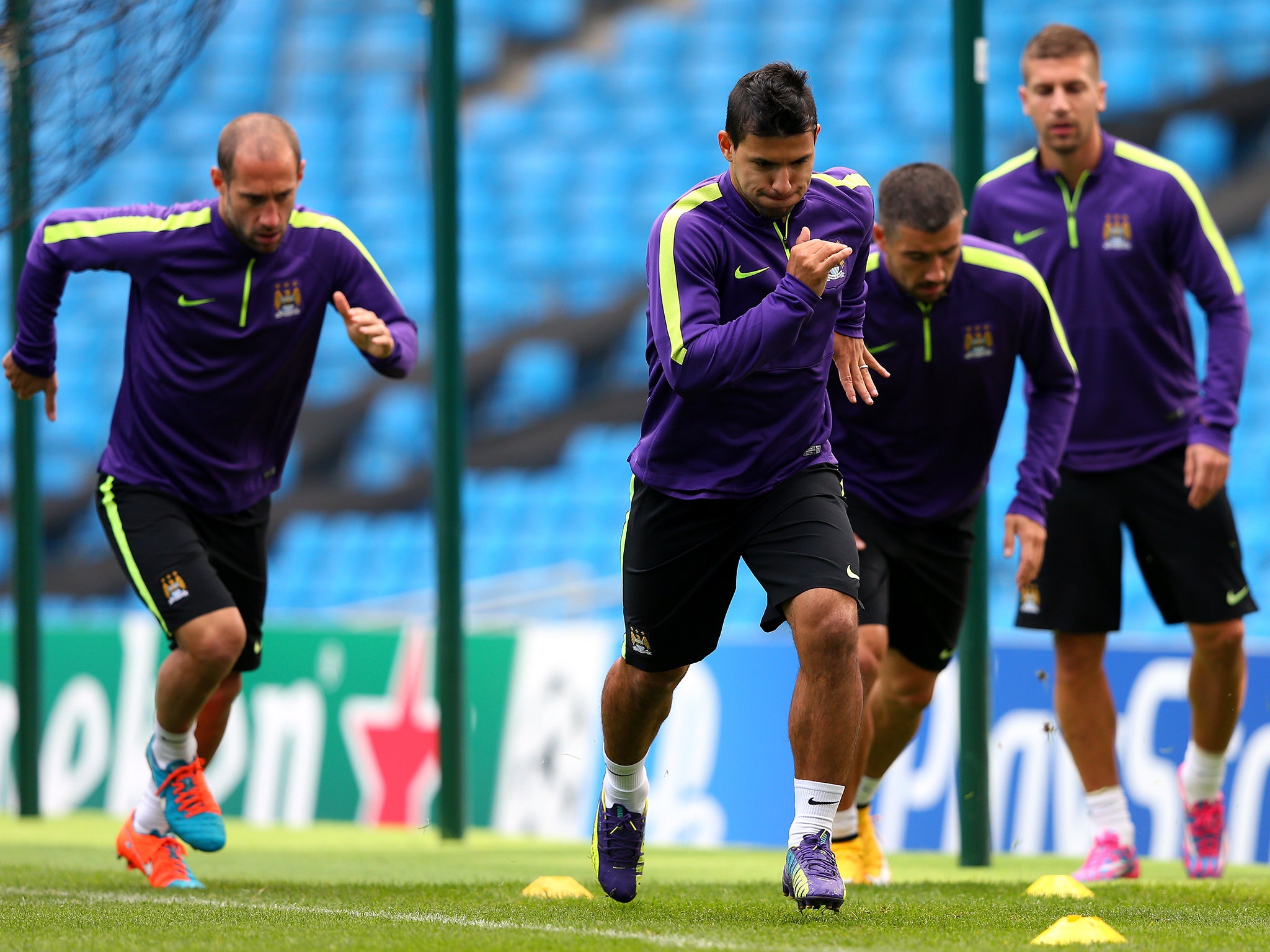 Sergio Aguero trains with his Manchester City team-mates