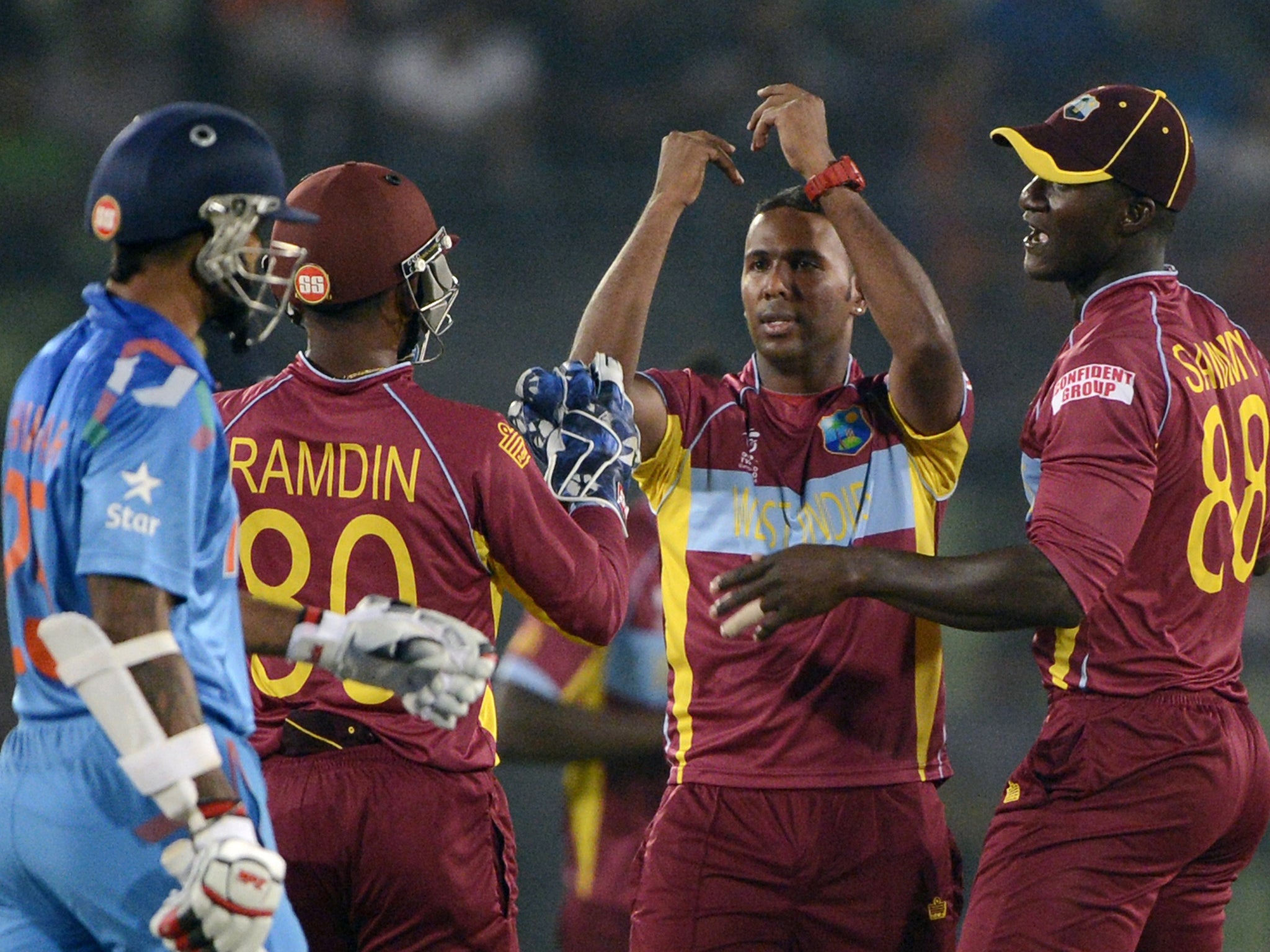 West Indies in action against India during the ICC World Twenty20 tournament at The Sher-e-Bangla National Cricket Stadium in Dhaka earlier this year