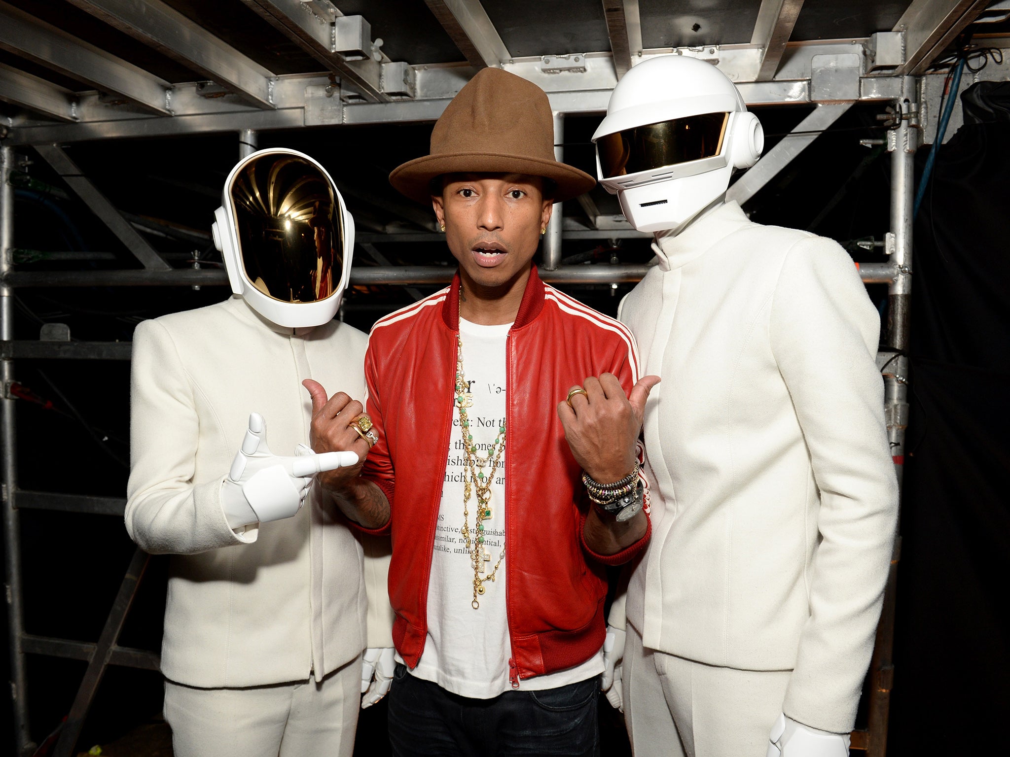 Pharrell Williams and Daft Punk at the Grammy Awards in Los Angeles. (Photo by Michael Kovac/WireImage)