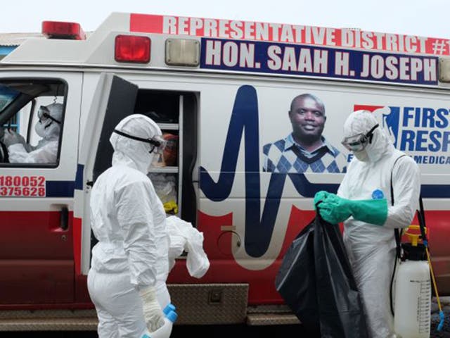 Saah Joseph's ambulance sits outside a hospital in Monrovia, Liberia. Joseph, a politician, imported six ambulances from California weeks before the Ebola epidemic hit his country, and six more are on the way