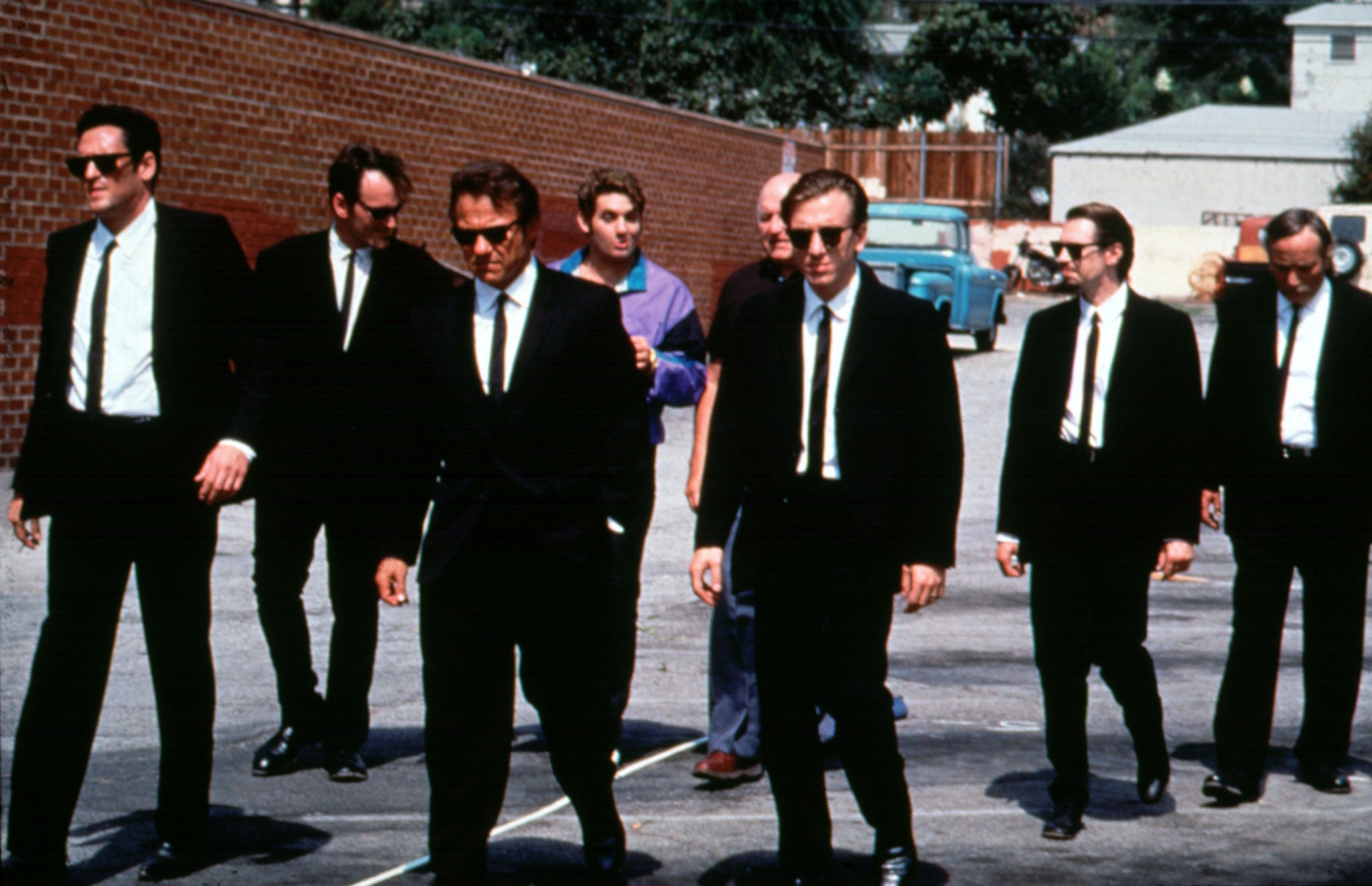 Outlaw chic: Tierney, Keitel, Buscemi, Roth, Madsen, and Tarantino in Reservoir Dogs