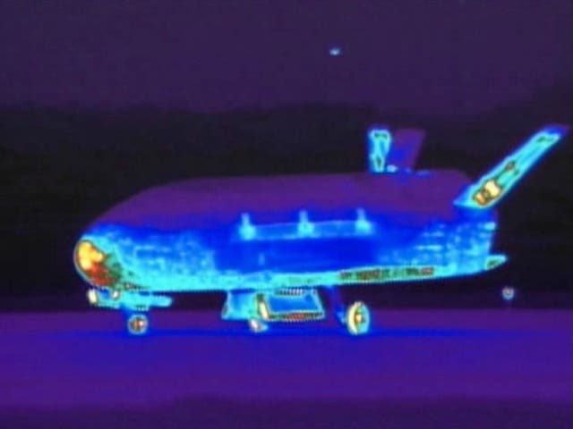 <p>An infrared view of the X-37B unmanned spacecraft at Vandenberg Air Force Base, California </p>