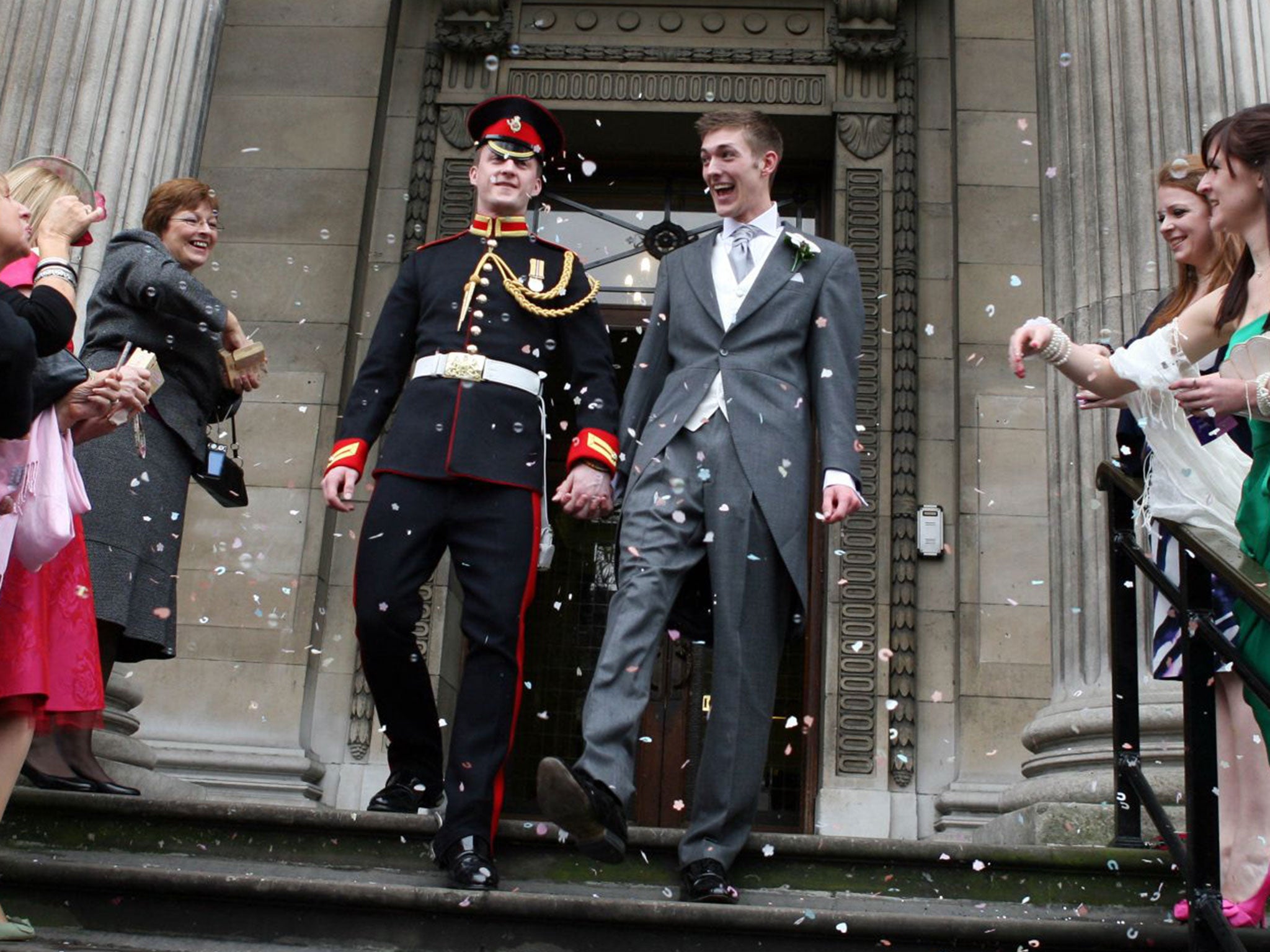 James Wharton, left, married his partner Thom McCaffrey at Marylebone Town Hall in 2010